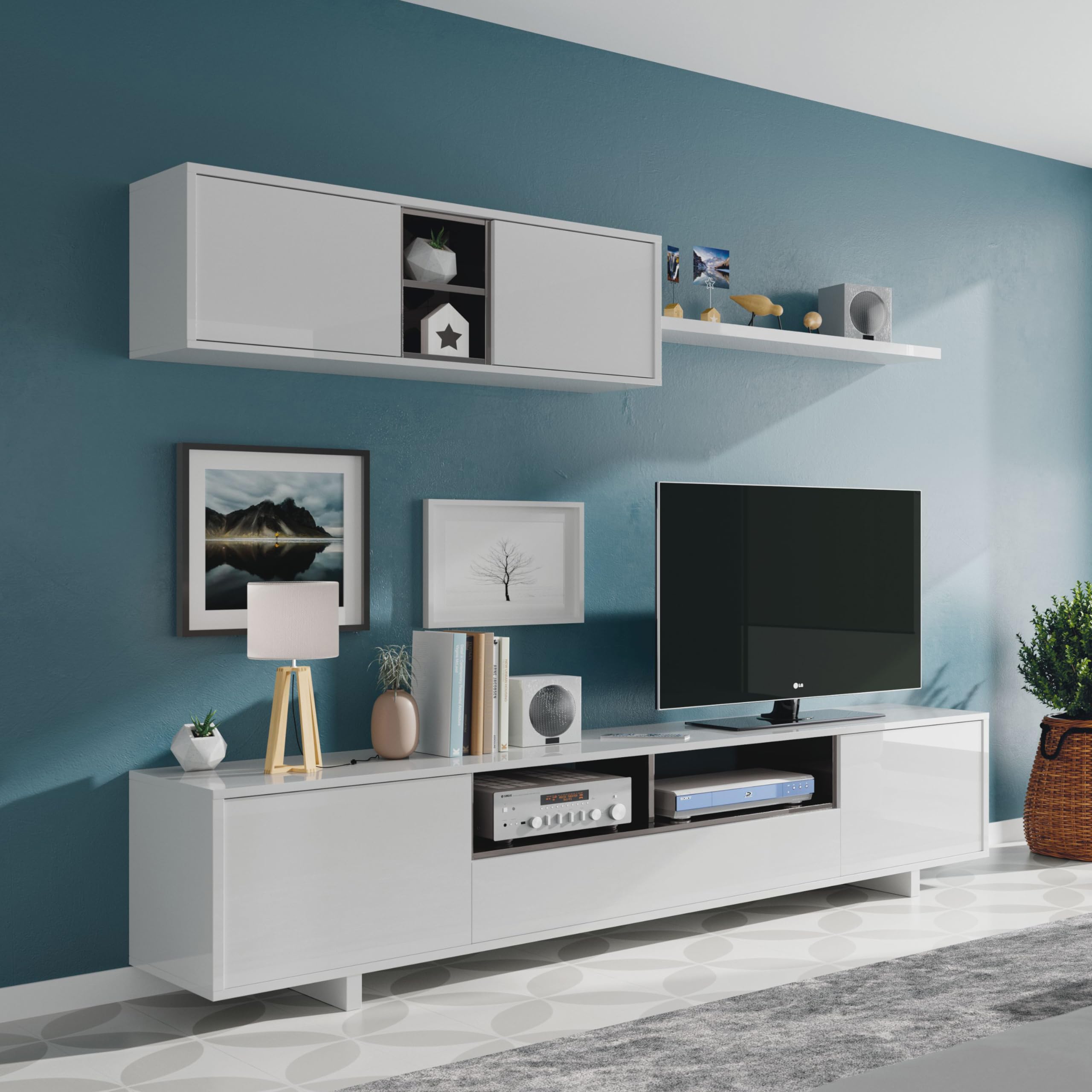Habitdesign – Mueble de Salón Moderno, Módulos para Comedor, Conjunto de Salón, Color Blanco Brillo y Gris Antracita, 200x41x46 cm - Modelo Belus