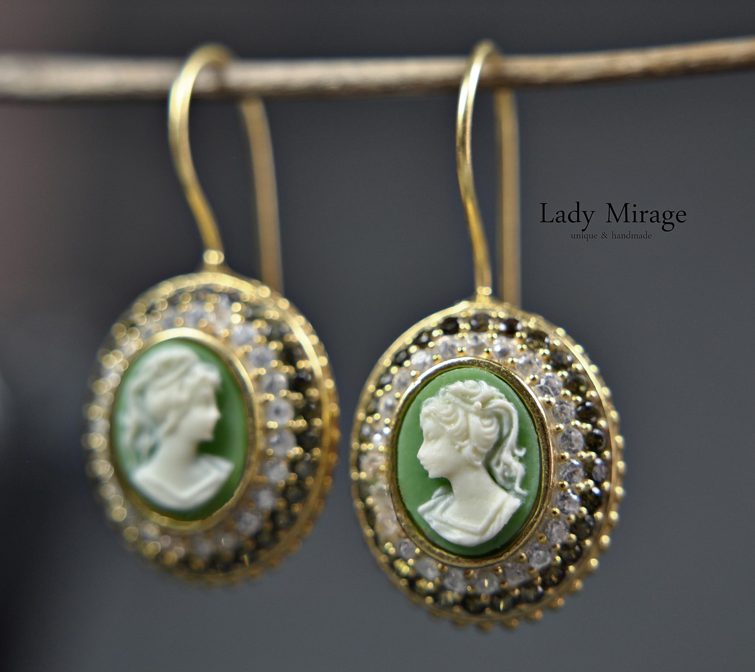 925 Silber Ohrhänger - Hängend - 14k Vergoldet - Lady Kamee - Vintage - Kamee - Antik - Zirkonia - Gemme - Jugendstil - Geschenk für Frauen - Geburtstagsgeschenk - Schmuck-Geschenk