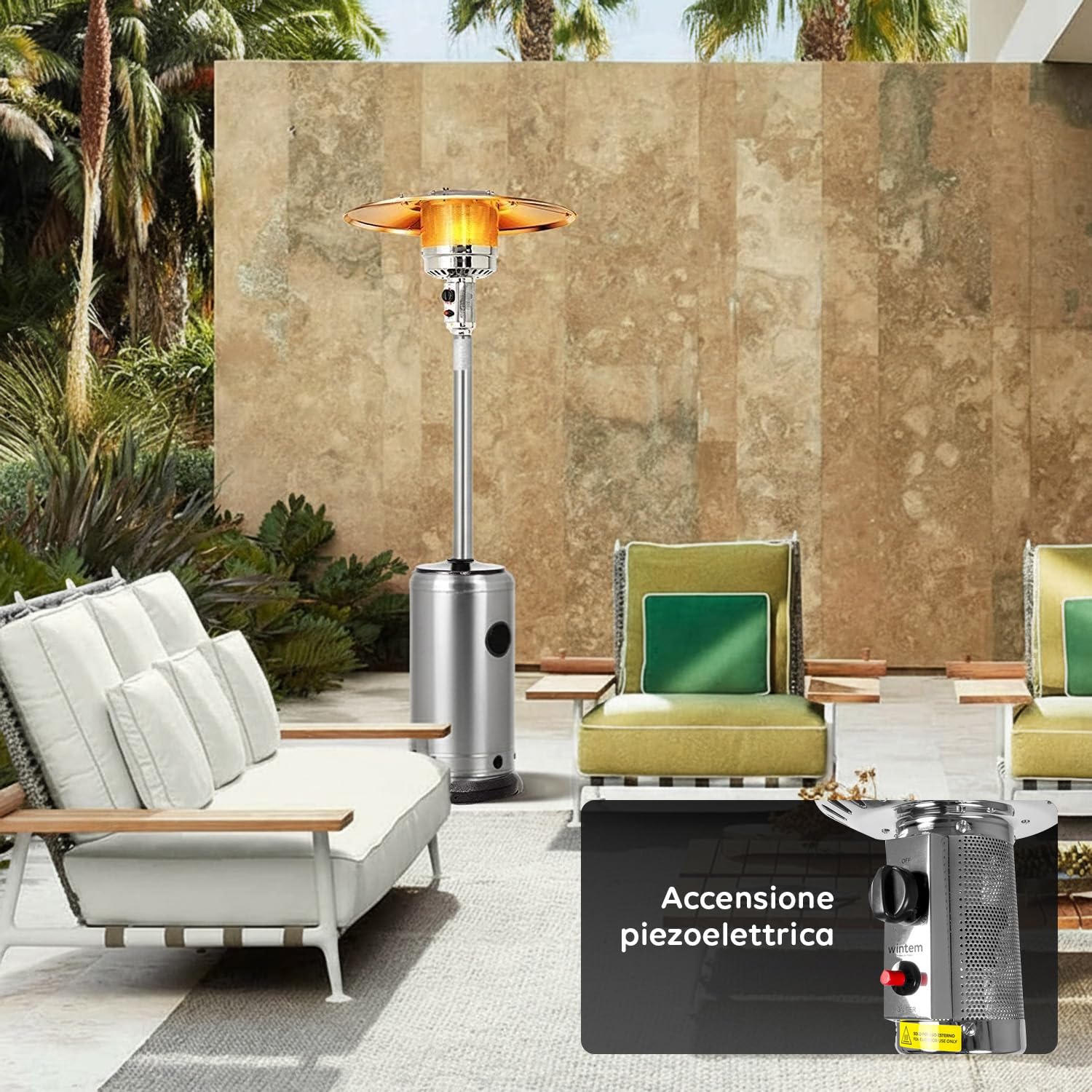 Avilia - Fungo Riscaldante Uragano per Esterno a Gas 12kW con Accensione Piezoelettrica, Ruote Integrate per Spostamento Facile, Compatibile con Bombola 15Kg, Ideale per Terrazze, Giardini e Locali
