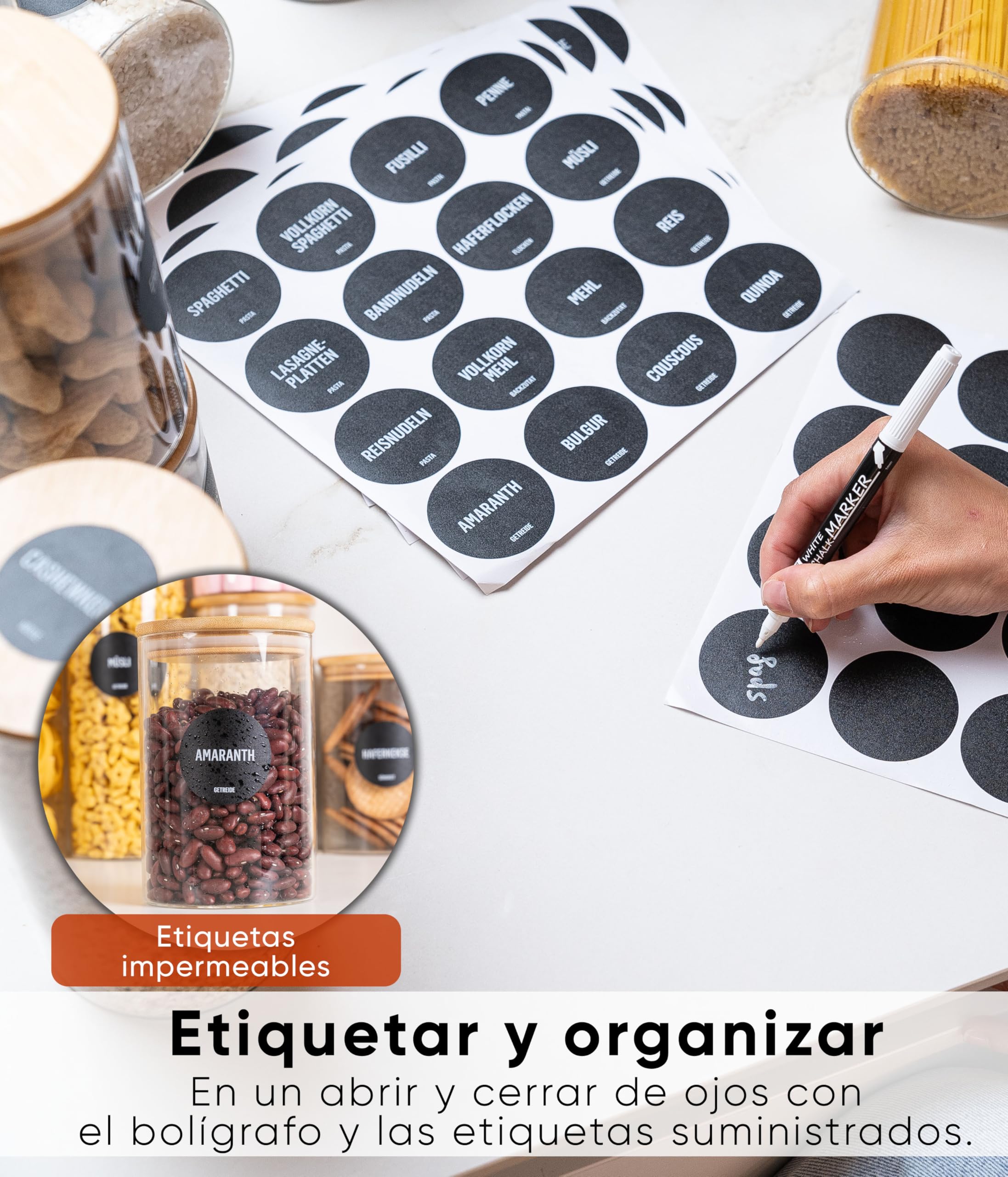 Deco haus® Tarros de Cristal con Tapa hermética, Juego de 8 [+ Etiquetas], Botes Cocina Almacenaje, Tarros Cristal con Tapa de Madera, Frascos de vidrio Apto para Harina, Café, Pasta | Tarros de cristal con tapa para cereales, cereales, harina y demás