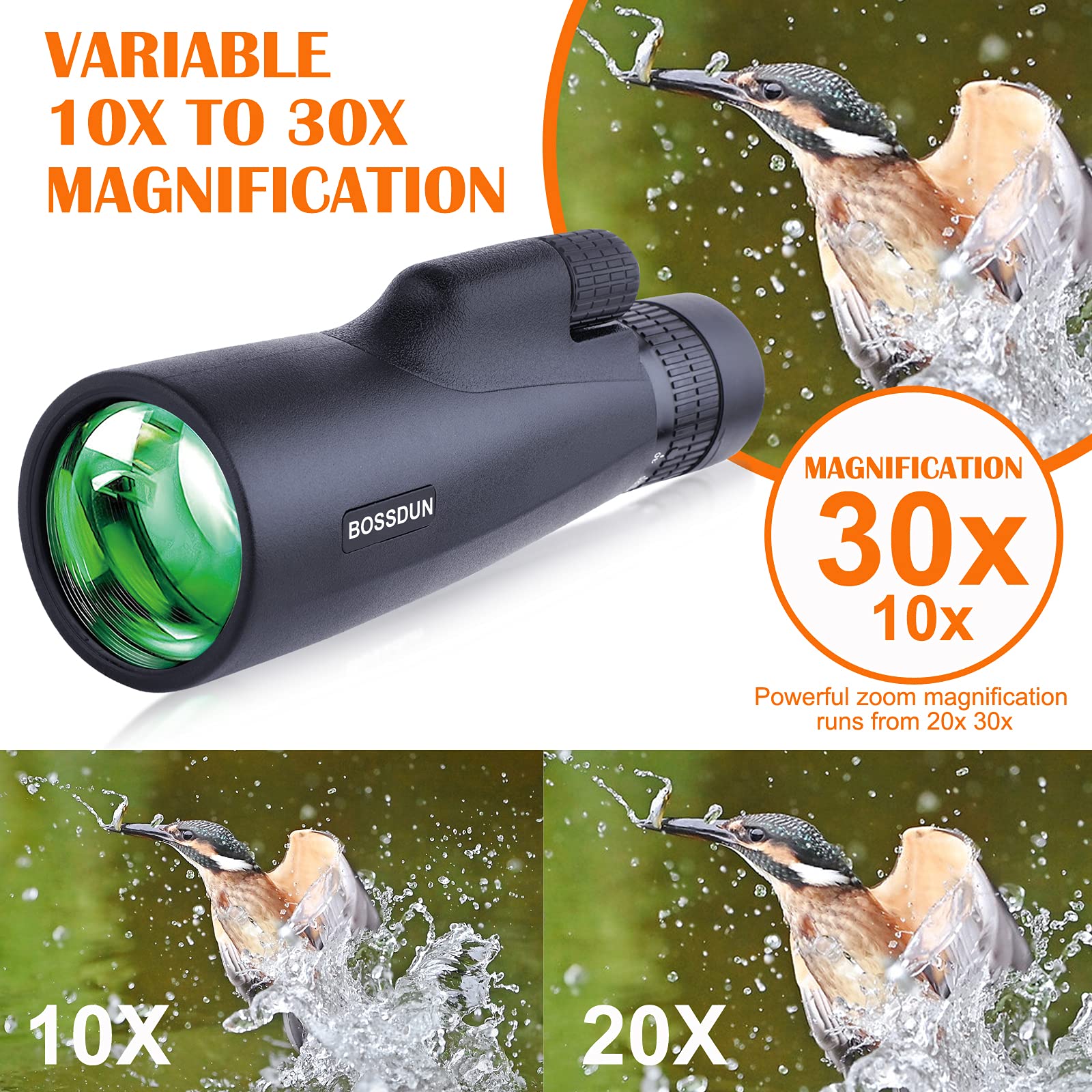 Télescope Monoculaire 10-30x50 pour Adultes, Lunette de Visée Monoculaire HD Etanche avec Smartphone pour l'observation des Oiseaux, Randonnée, Chasse, Camping, Voyage