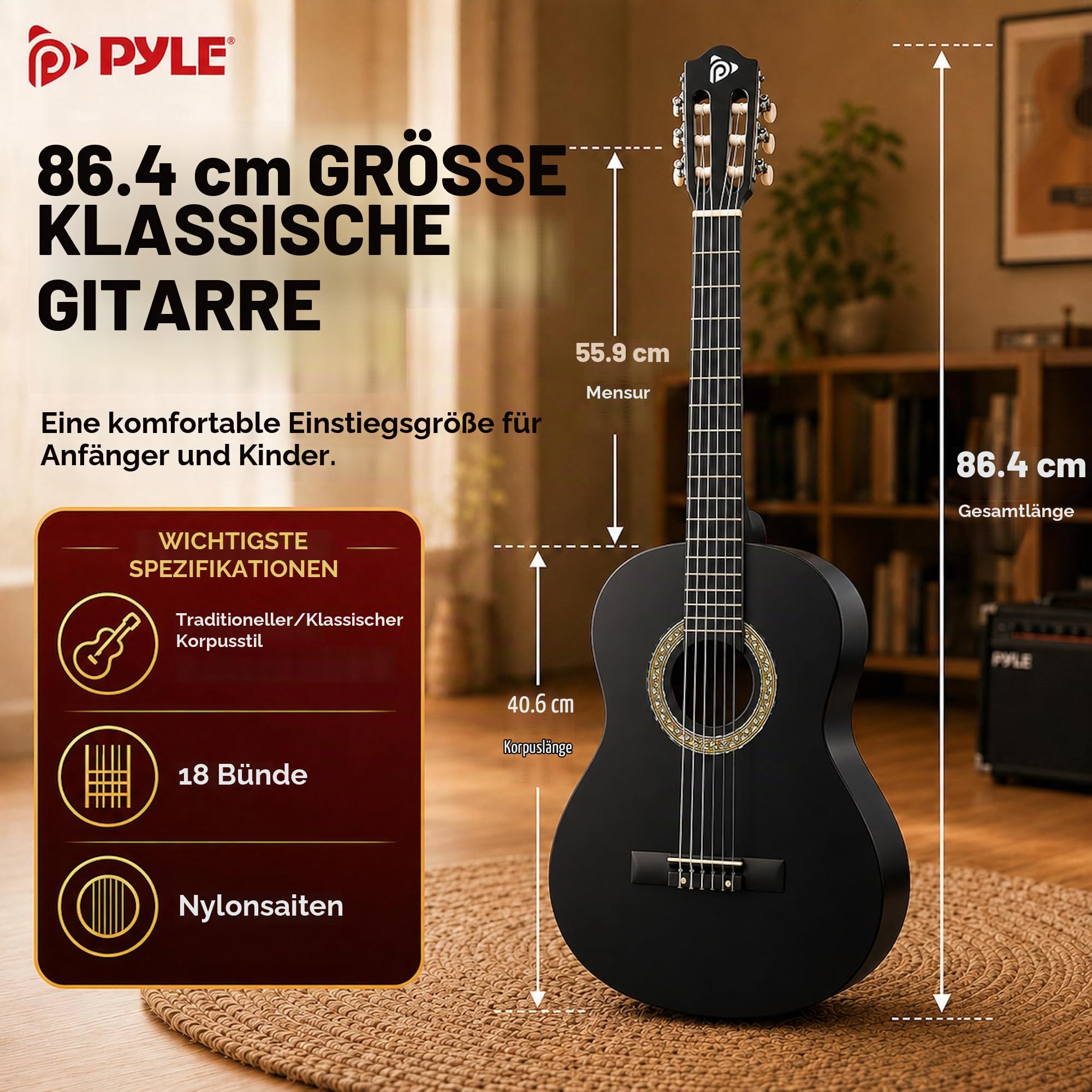 Pyle Konzertgitarre, Rechtshändig, 1/2 Größe, Schwarz