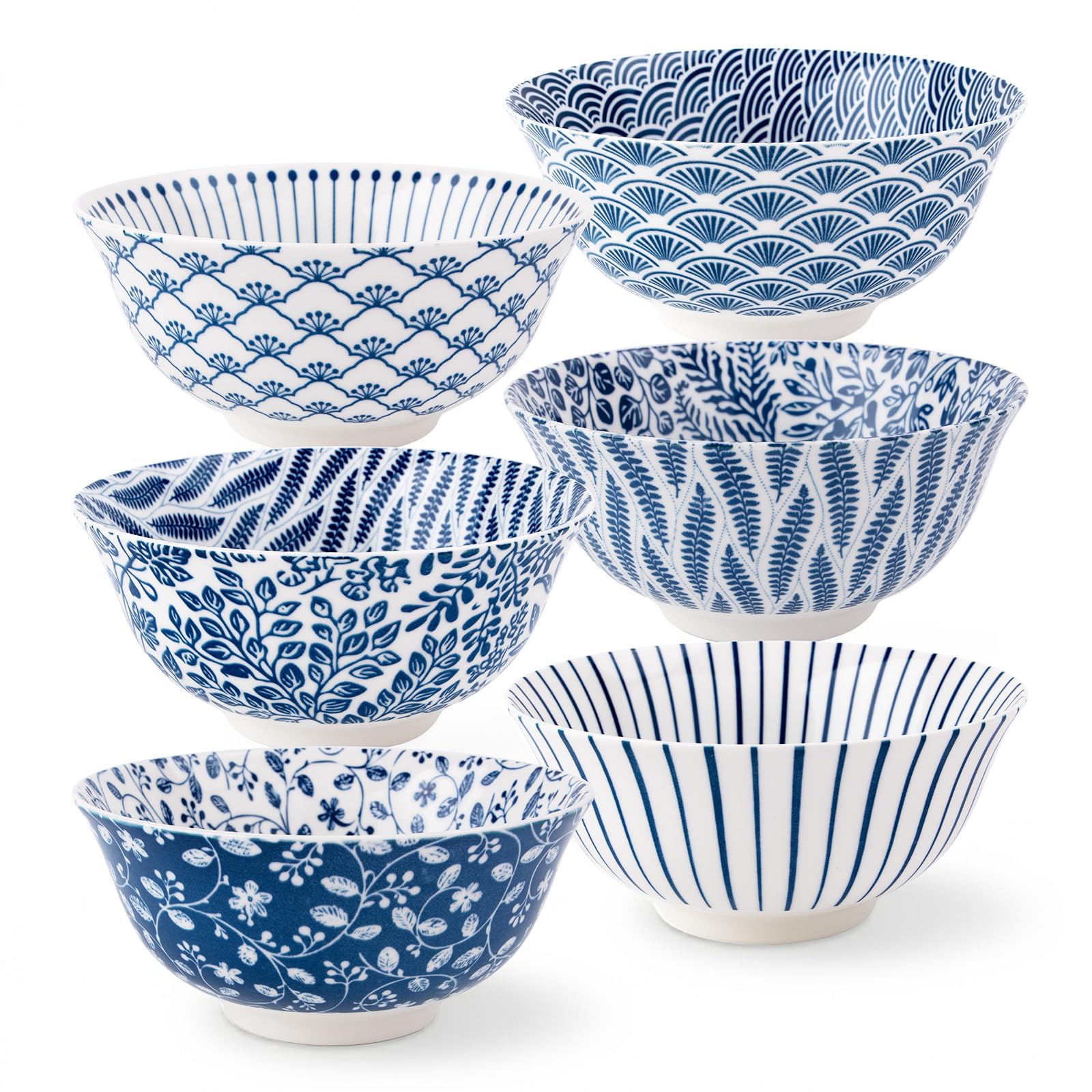 DOWAN 680 ml Cereal Bowls Set of 6 Ceramic Ramen Bowl Blue and White Decor — image 1