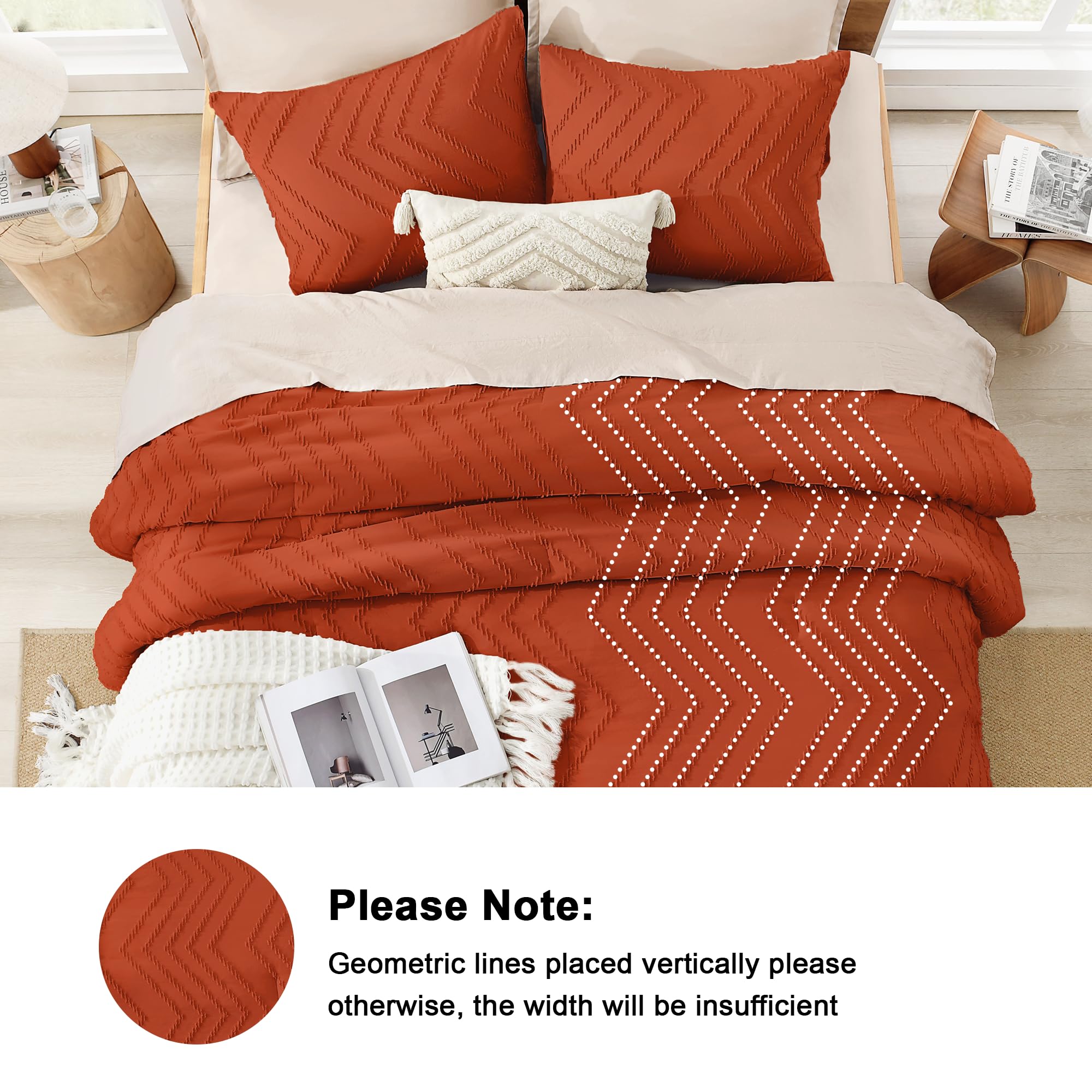 Litanika Burnt Orange Boho Queen-Size, komplet pościeli, terakota, lekka, puszysta, rdzawo-tuftowany design (228 x 228 cm, 1 poszwa na kołdrę i 2 poszewki na poduszki)