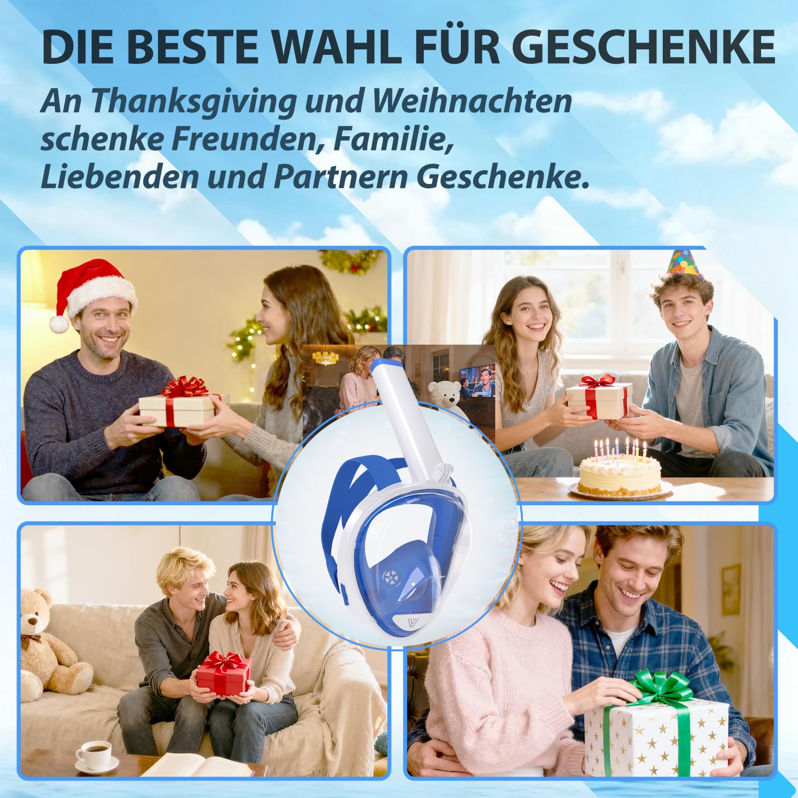 Vitare Schnorchelmaske für Erwachsene und Kinder, Tauchmaske Vollgesichtsmaske, 180° Panorama Taucherbrille mit Schnorchel, Schnorchelset mit Kamera Clip, Antibeschlag Tauchmaske Ganzes Gesicht