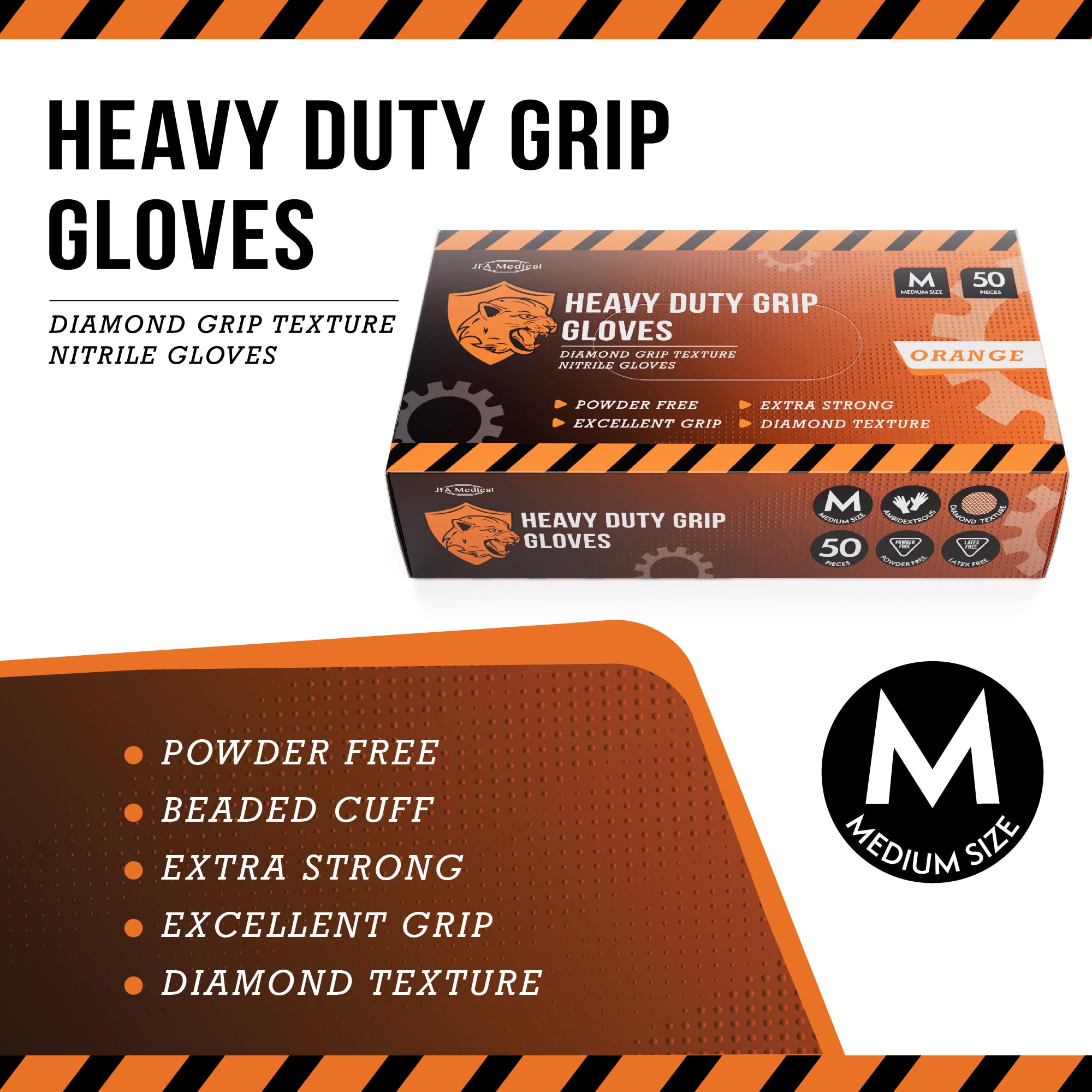 JFA Medical Disposable Heavy Duty Mechanic Powder Free Latex Free Orange Diamond Grip Nitrile Gloves - Box of 50 (Medium) - Image 2