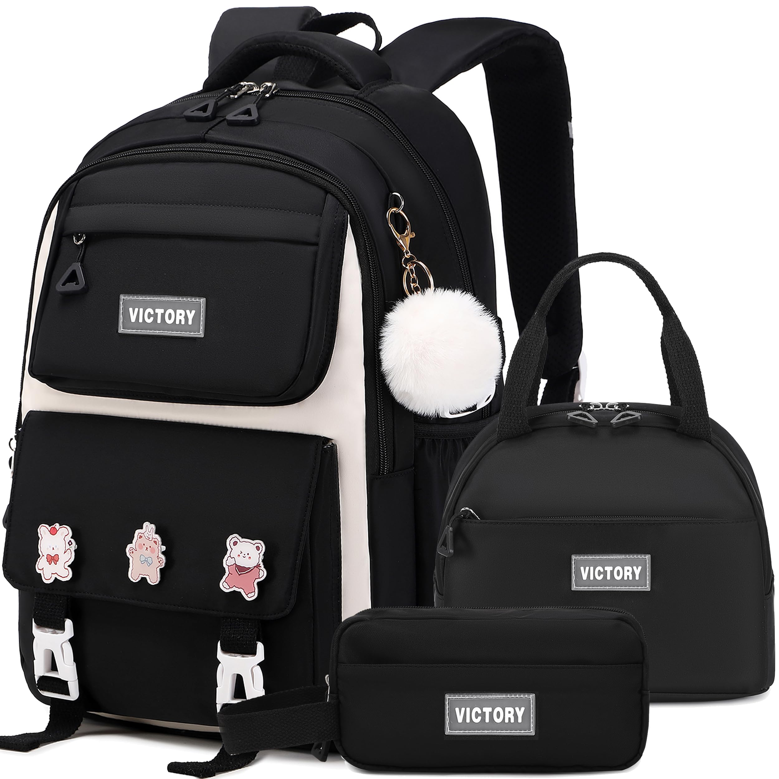 AO ALI VICTORY Backpack for Girls 3 PCS Cute School Backpacks Elementary Kids Book Bag with Lunch Box Pencil Case Set Laptop College Travel Back Pack