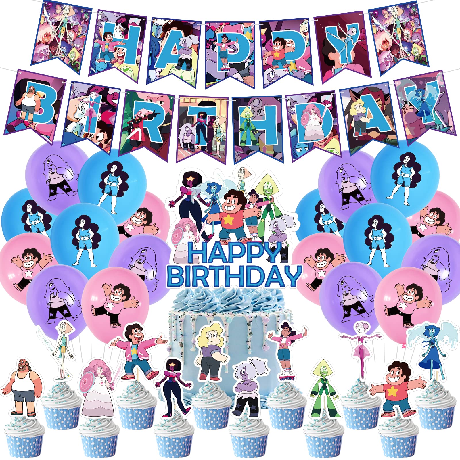 Steven Universe birthday party supplies,including cake caps,cupcake caps,flags, latex balloons, It is very suitable for boy's and girl themed birthday party supplies.