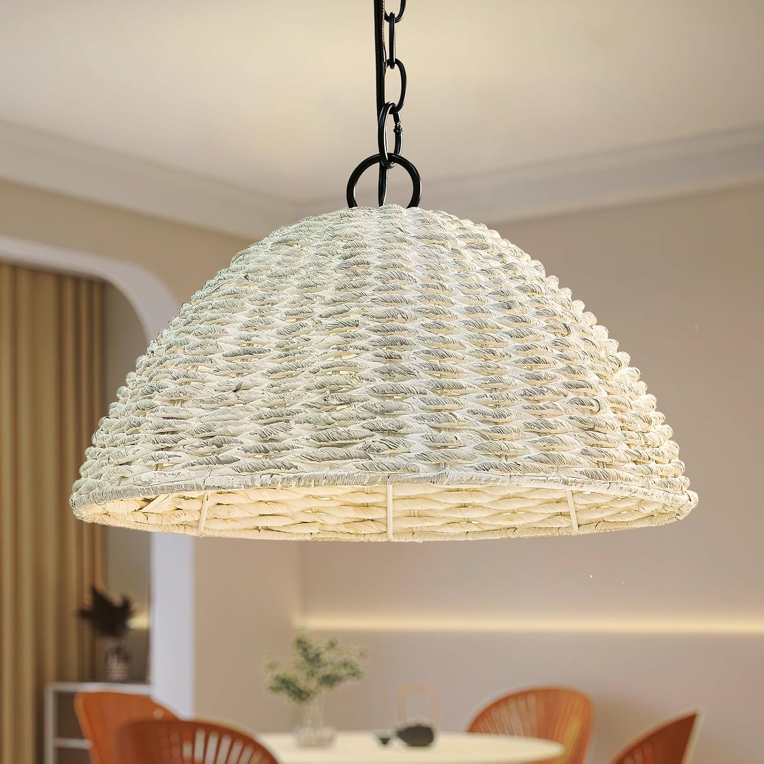 White Rattan Pendant Light Fixture - Boho Woven Basket Hanging Lamp, Handmade Wicker Light for Kitchen Island, Dining Room, Living Room, Bedroom, E26 Base