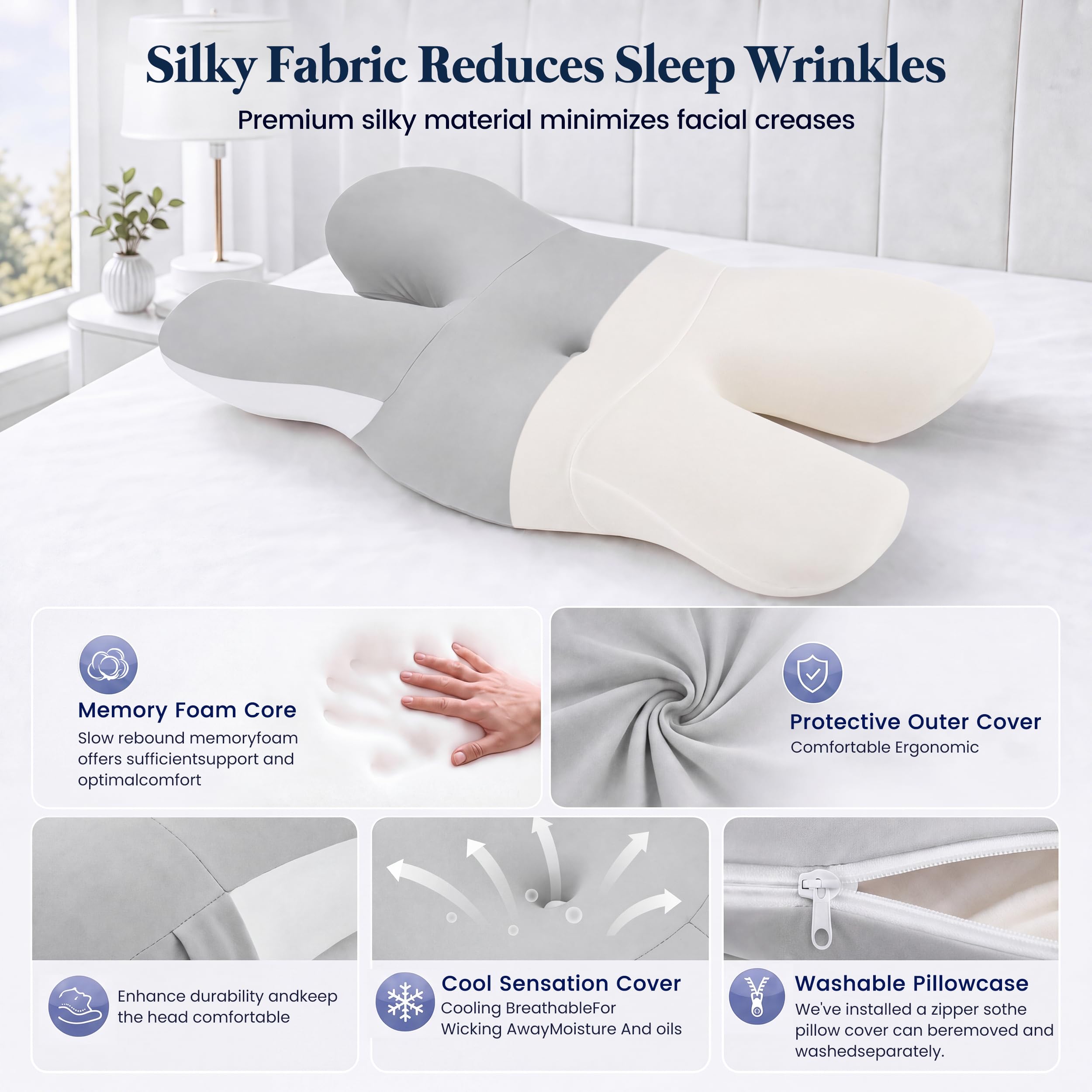 Anti Falten Kissen Schmetterlingskissen aus Memory Foam mit 6 Zonen – Nackenstützkissen Seitenschläfer mit kühlendem Bezug, atmungsaktives Anti Schnarch Kissen Gegen Schnarchen und Schlaffalten