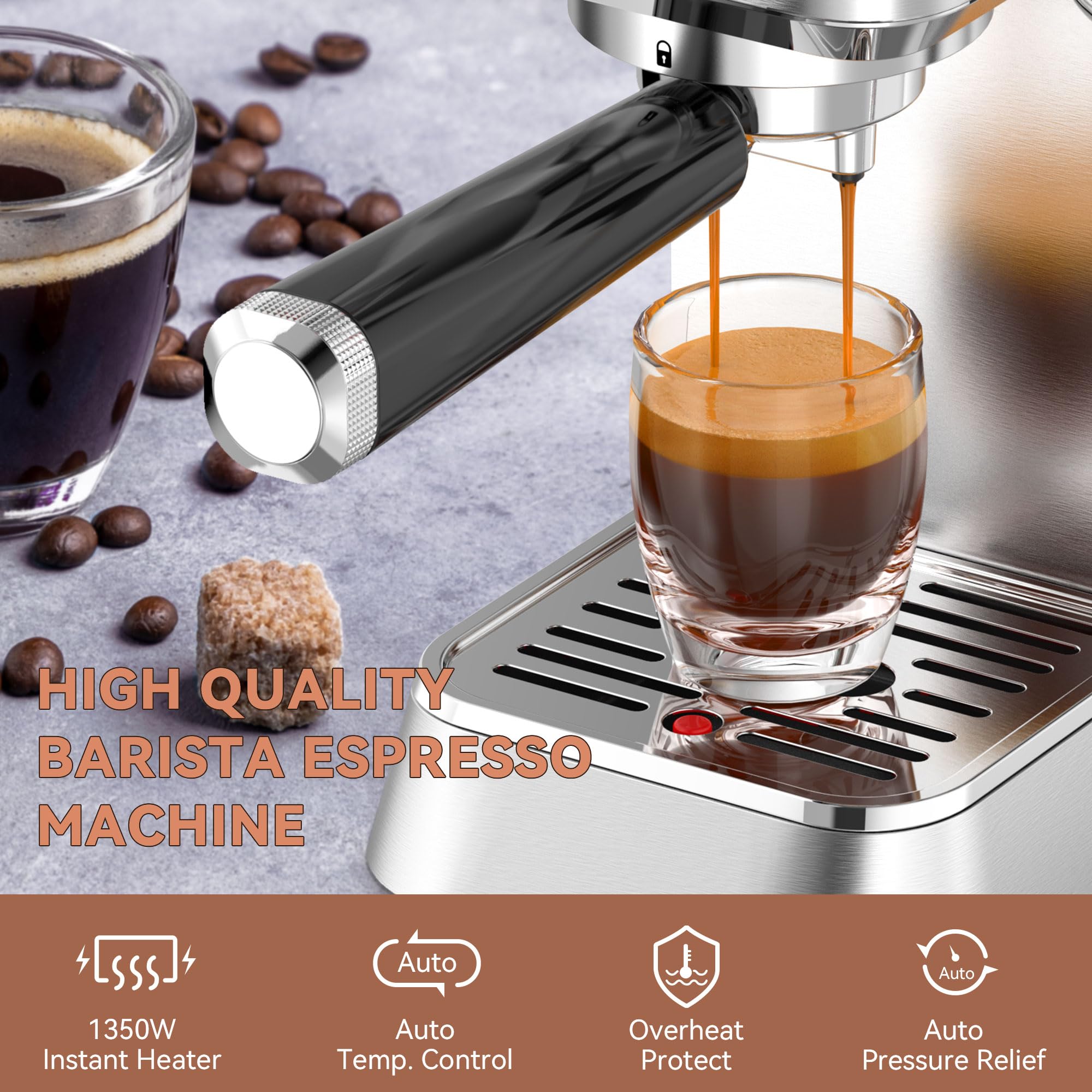 KitchenBoss Professionelle Siebträgermaschine Espressomaschine 15 Bar 1.2L Wassertank Milchaufschäumer
