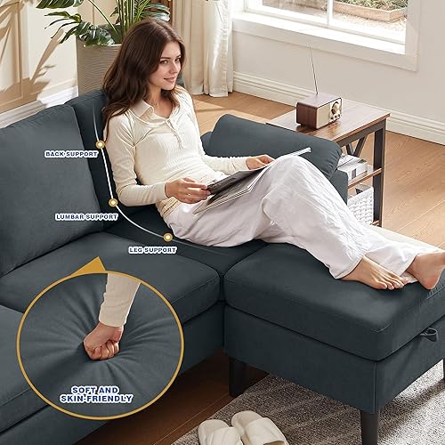Miniatura 6 de Sofá Seccional Convertible de 79", Sofá Moderno de Lino Pequeño en Forma de L con Chaise Reversible y Otomana de Almacenamiento, Sofá de 3 Asientos