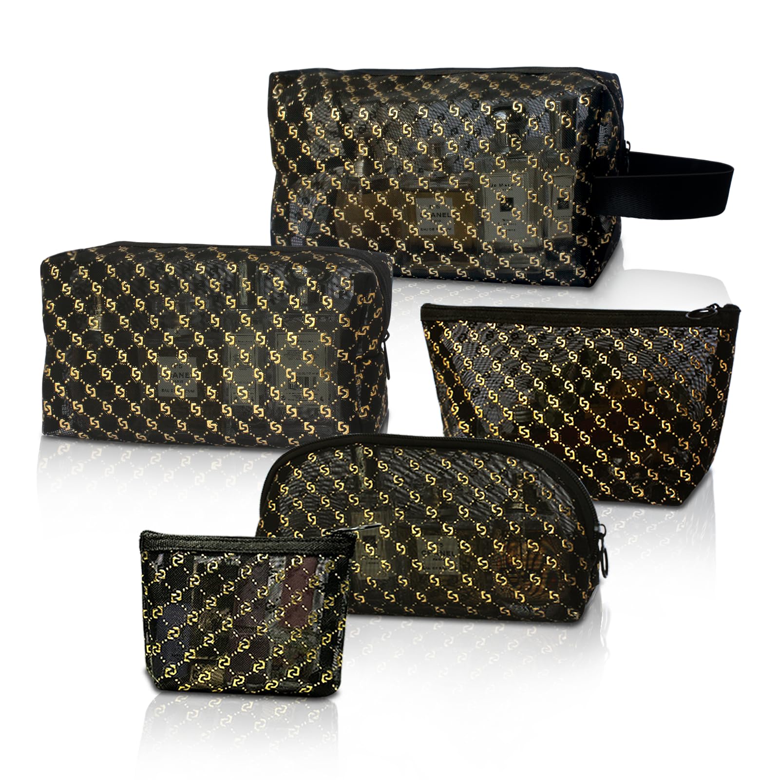 Juego de 5 bolsas de maquillaje de malla con estampado en caliente, bolsas de cosméticos portátiles de malla de viaje, bolsas de aseo de maquillaje, bolsas de almacenamiento de malla con cremallera