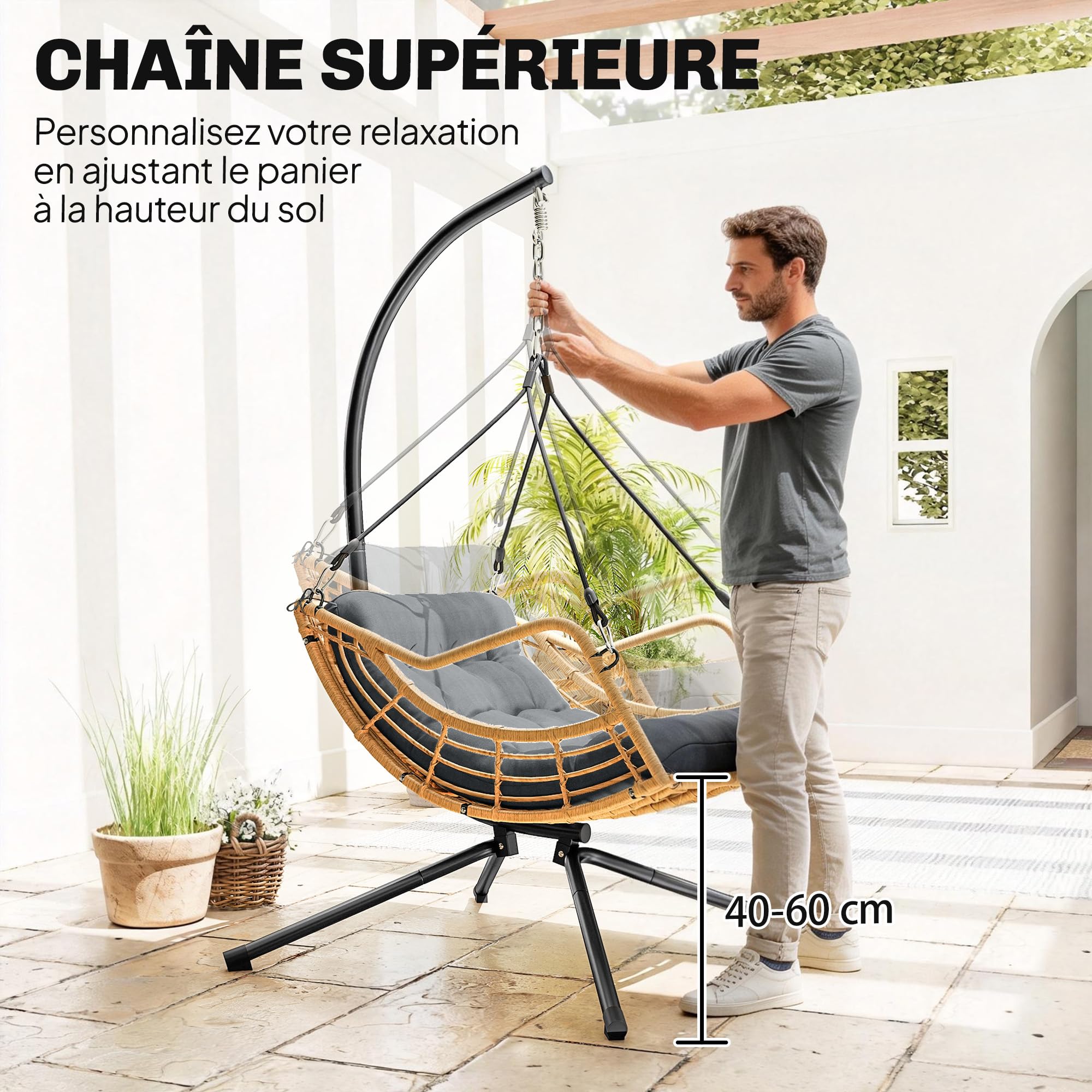 Outsunny Fauteuil Suspendu en résine tressée avec Support, Chaise Suspendue, Chaise hamac balançoire, Coussin et Attache de sécurité, Hauteur réglable, Cadre en Acier, intérieur et extérieur, Gris