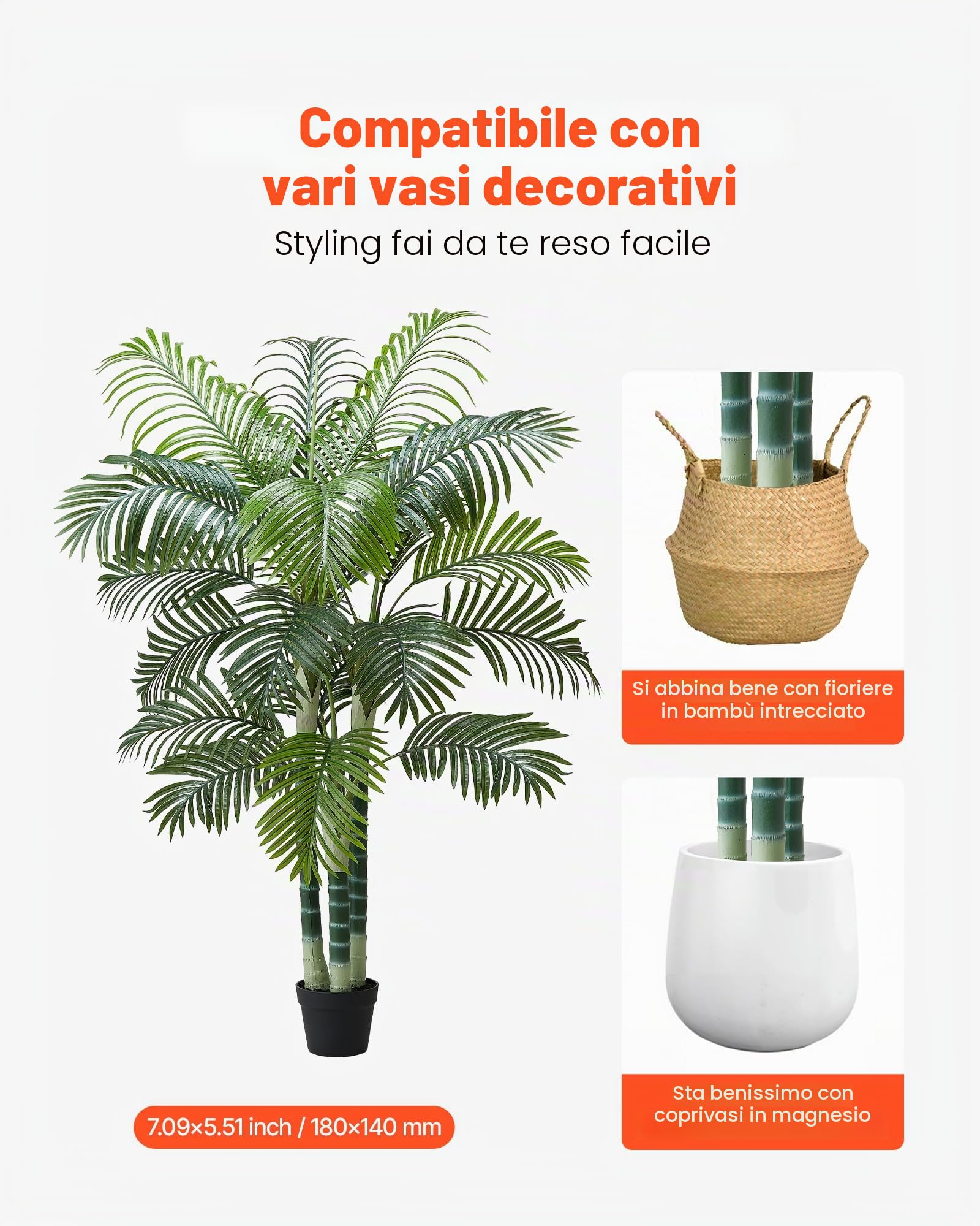 VEVOR Palma Areca Artificiale 1829 mm, Pianta Tropicale Finta con Fioriera Bianca Alta, Pianta Finta in Seta da Pavimento in Vaso, Grandi Alberi per Casa, Ufficio, Soggiorno, Interno ed Esterno