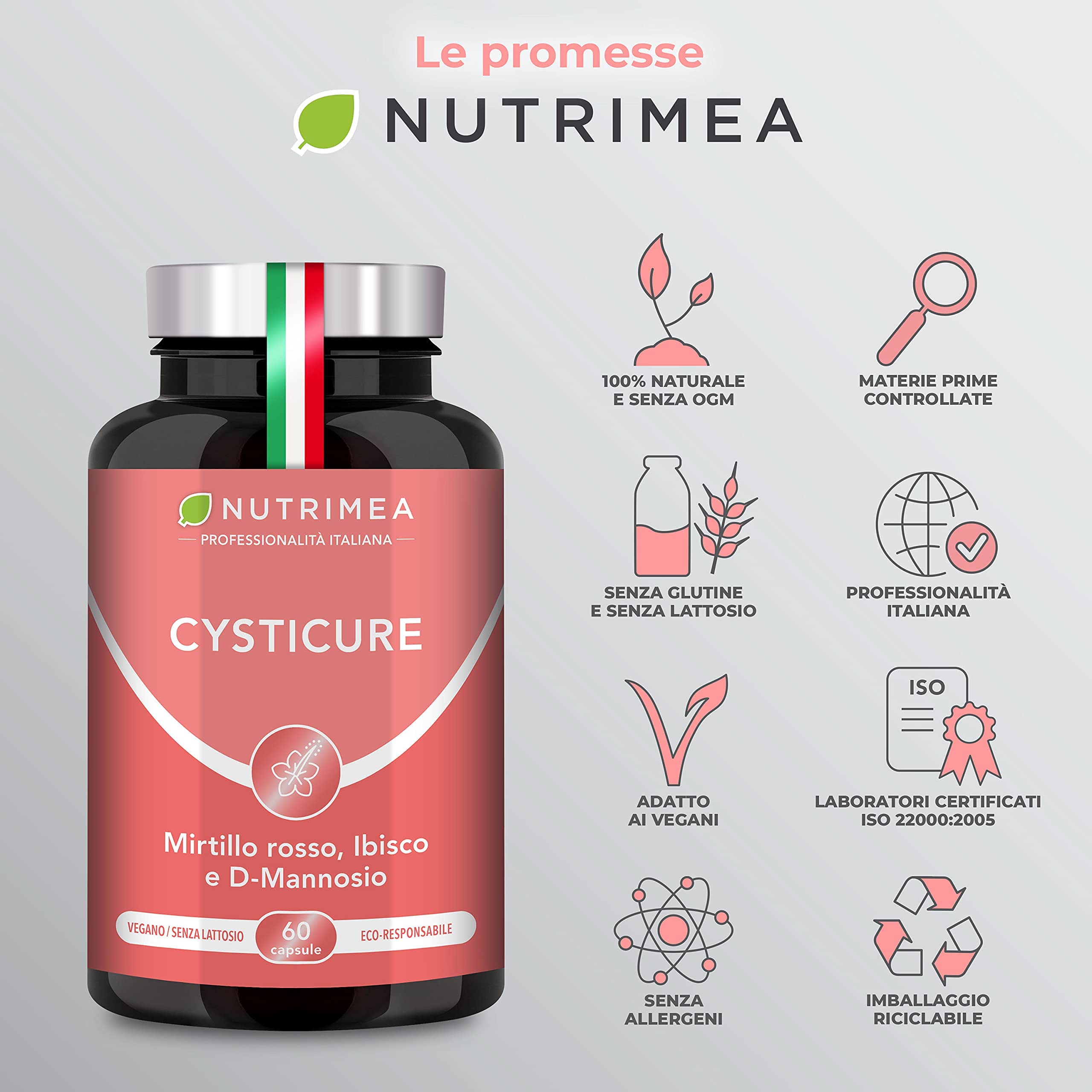 Cysticure | Integratore di D-Mannosio, Mirtillo Rosso e Ibisco | Per Cistite e Infezioni Intime | 100% Naturale | 60 Capsule | Nutrimea