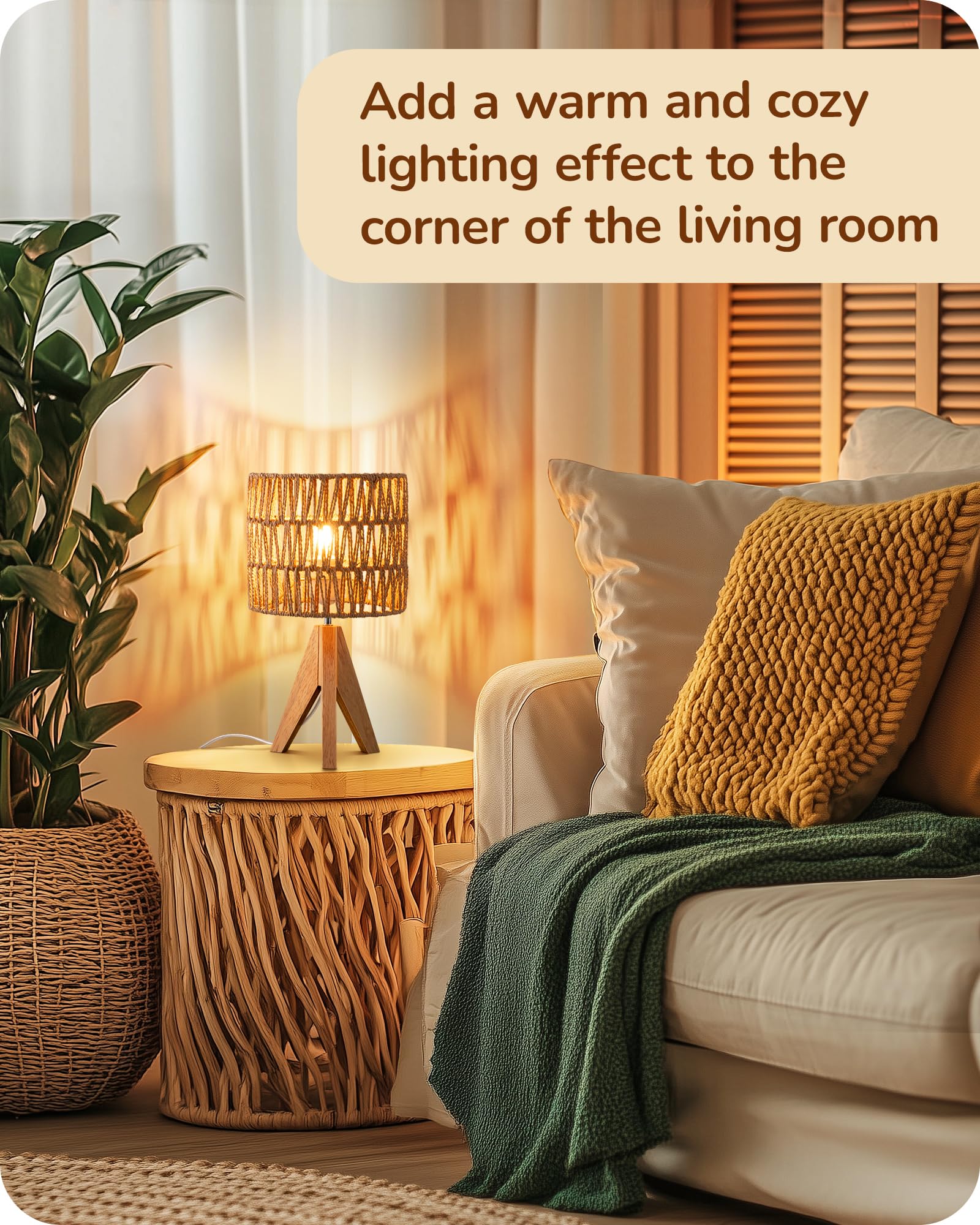 EDISHINE Small Rattan Table Lamp, Rustic Wood Tripod Bedside Lamp, Reticulated Paper Lampshade - Image 2