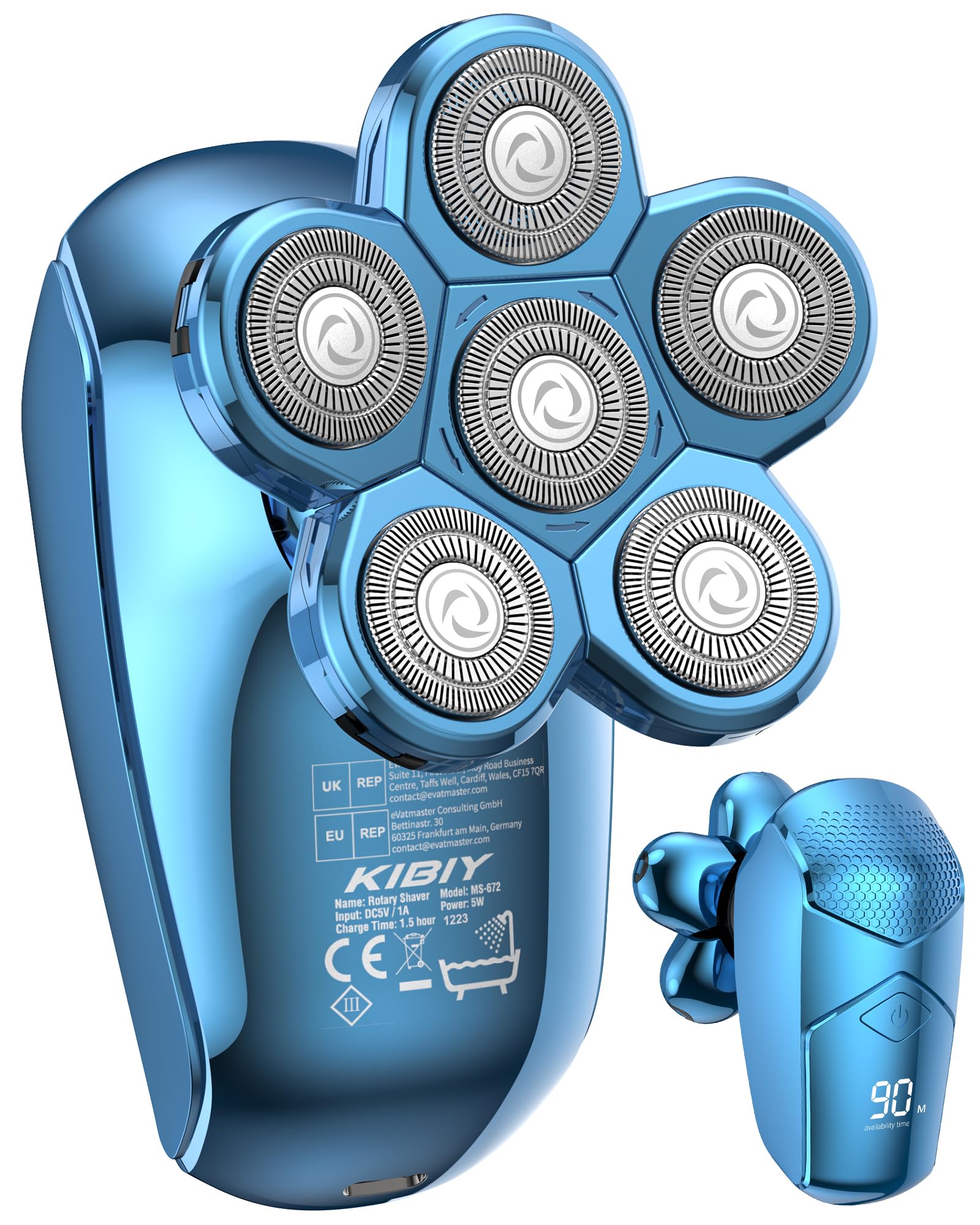 Afeitadora cabeza hombre, Kibiy 5 en 1 LED afeitadora cabeza con 6 cabezales de afeitado giratorios, IPX7 100% maquina afeitar cabeza, Puede usarse mojado o seco, recargable tipo C