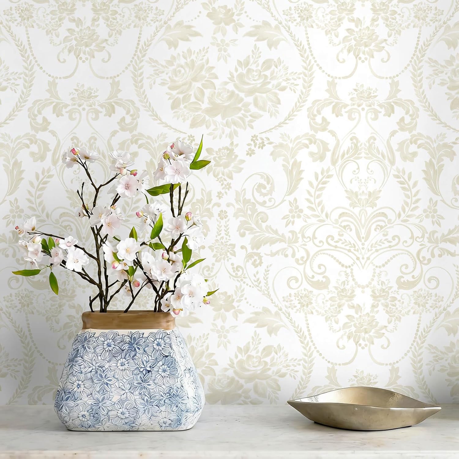 Beige Wallpaper Floral Peel and Stick Wallpaper Vintage Wall Paper Peel and Stick Modern Damask Watercolor Contact Paper for Bathroom Kitchen Self-Adhesive Vinyl Waterproof 393"×17.3"
