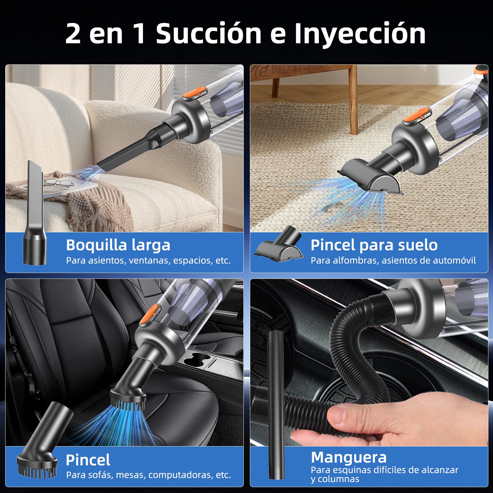 Aspirador de Mano, 26000Pa 4-in-1 Aspirador Sin Cable Potente, Descarga de Polvo con un Solo Toque, Motor Sin Escobillas,Pantalla HD e Iluminación LED,Aspirador Coche para Hogar/Oficina/Coche, Naranja
