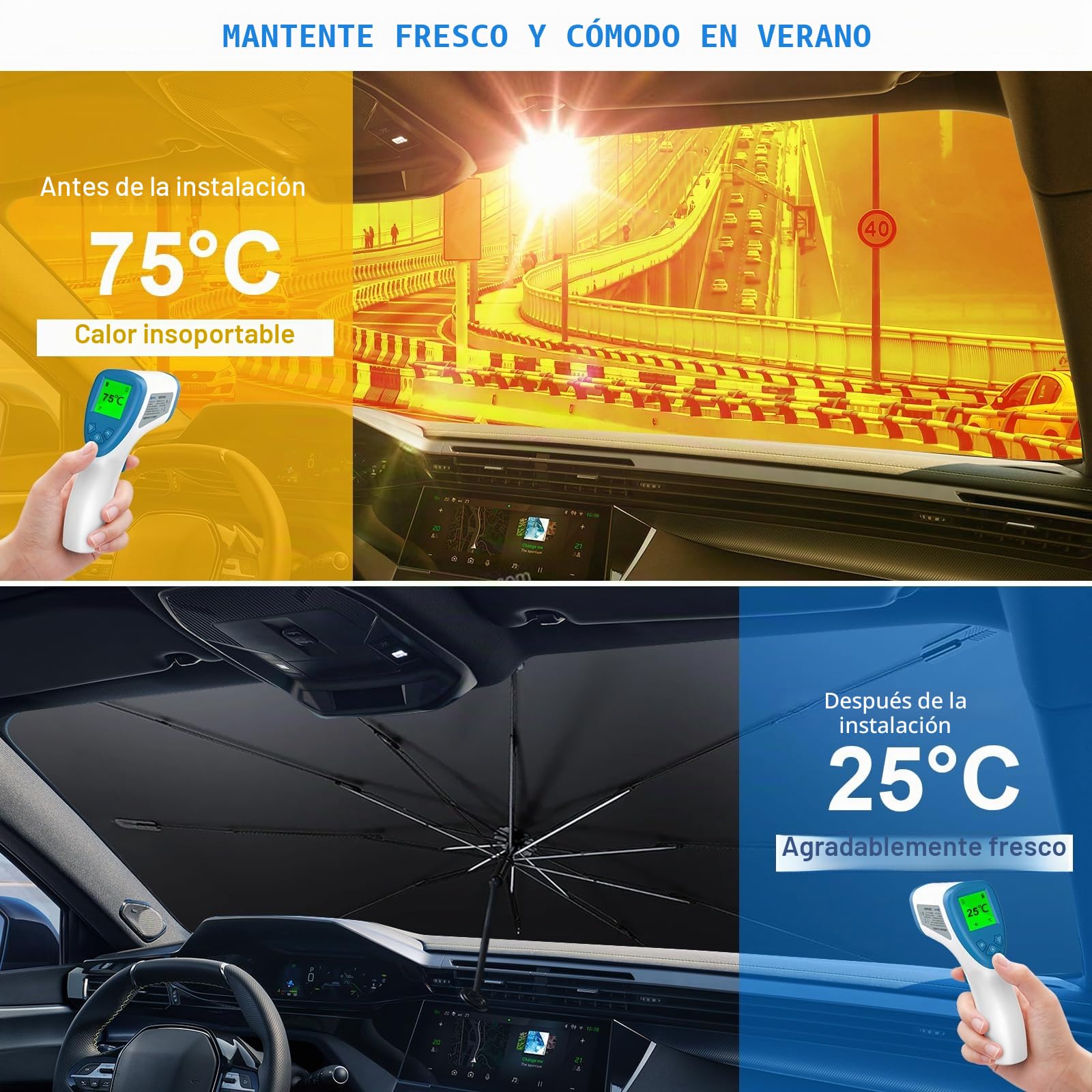 Paraguas Anti-Sol para Coche, Parabrisas Plegable del Automóvilde automóviles con Mango de Cuerda Anti - raspado, tamaño Flexible, fácil de Instalar, Adecuado para el estacionamiento al Aire Libre