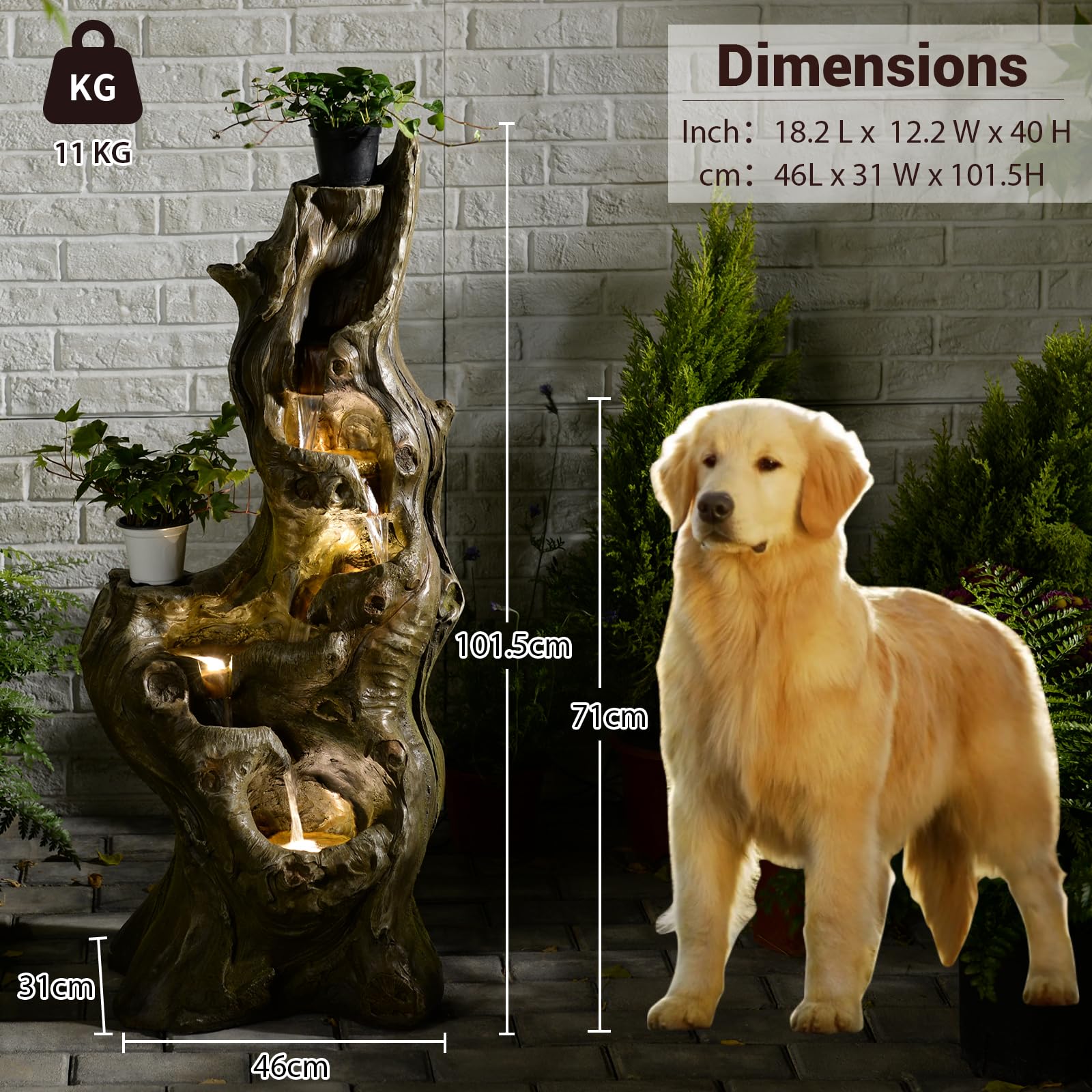 Bumilgar Caractéristiques d'eau de jardin 5 niveaux Grande cascade réaliste Tronc d'arbre naturel Fontaine extérieure en résine Imitation bois avec lumières LED pour jardin, patio, terrasse 101 CM
