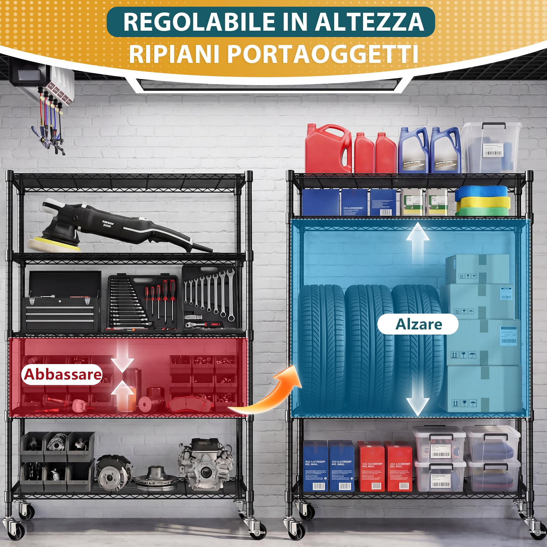 Himimi Scaffale Metallico con Ruote 5 Ripiani, Altezza Regolabile, Scaffalatura Robusta per Carichi Pesanti, Scaffale a Griglia per Cucina, Cantina, Ufficio & Bagno,116×45×187 cm Nero
