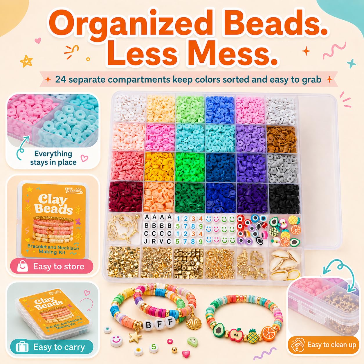The Beading Co. Kit de fabricación de pulseras de más de 7500 cuentas de arcilla para niñas, cuentas heishi de 24 colores con cuentas de letras y dijes para pulseras de amistad y kit de fabricación de