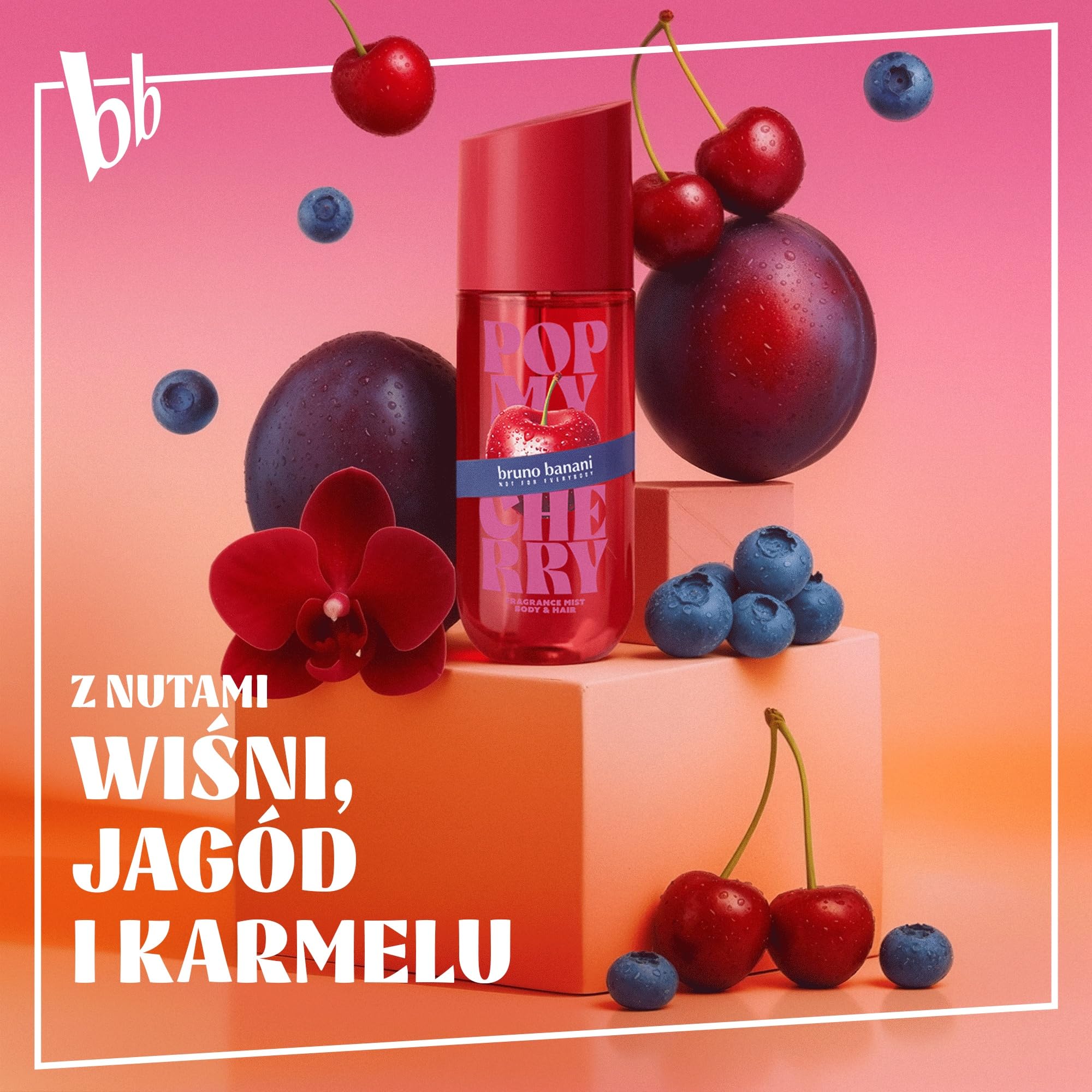 bruno banani Pop My Cherry perfumowana mgła do ciała i włosów dla kobiet, odświeżająca, trwała, owocowo-kwiatowy, 236 ml