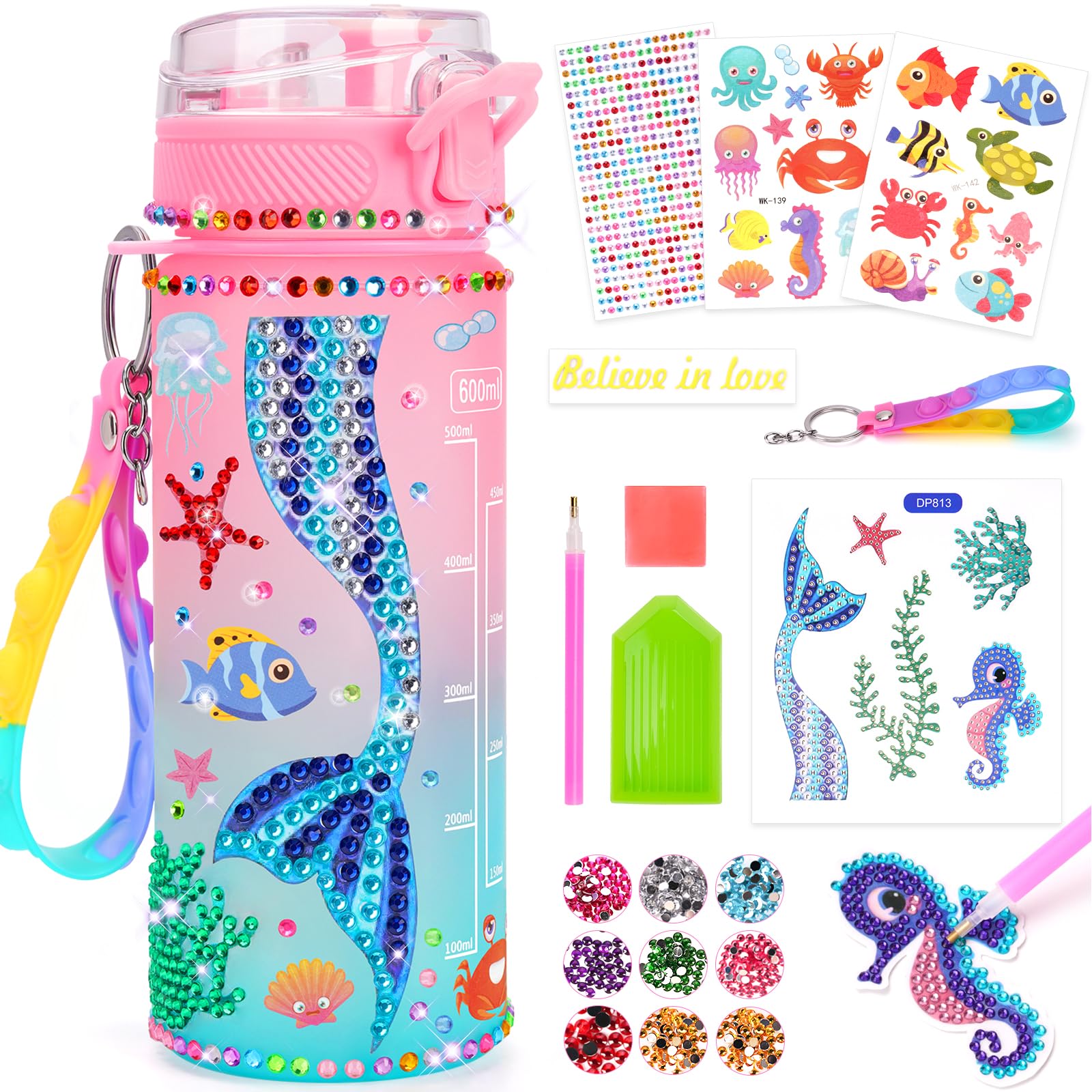 Dikence Bastelset Kinder ab 6 Jahre, Basteln Mädchen 6 8 10 Jahre Trinkflasche Geschenk Mädchen 5-6-7-8-9 Jahre Meerjungfrau Diamond Painting Kinder Spielzeug ab 4-12 Jahre Geburtstags geschenk