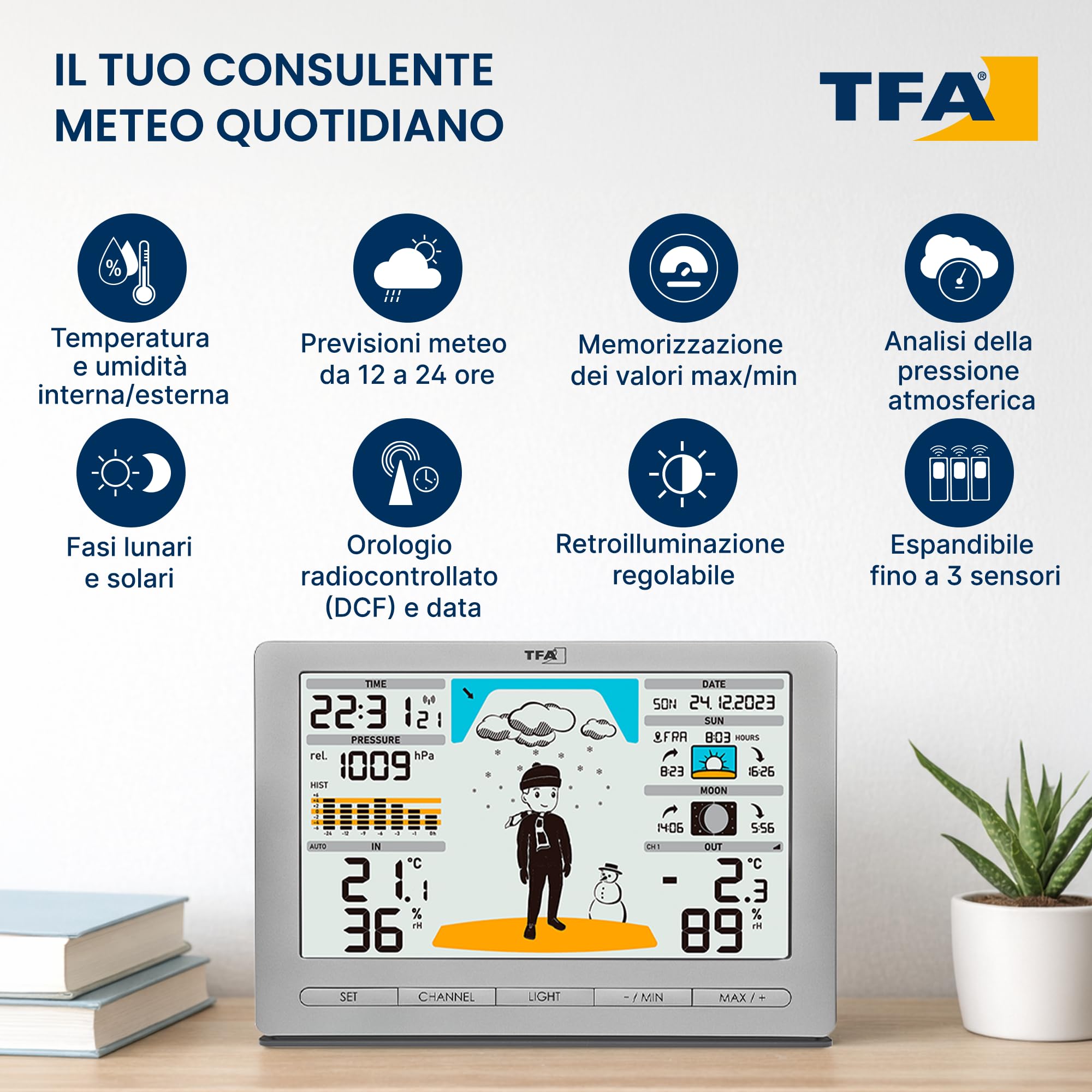 TFA Dostmann Stazione meteo radio METEO JACK, 35.1097.54,con sensore esterno, con previsioni del tempo, pressione atmosferica, fasi lunari, alba e tramonto, orologio radio, argento