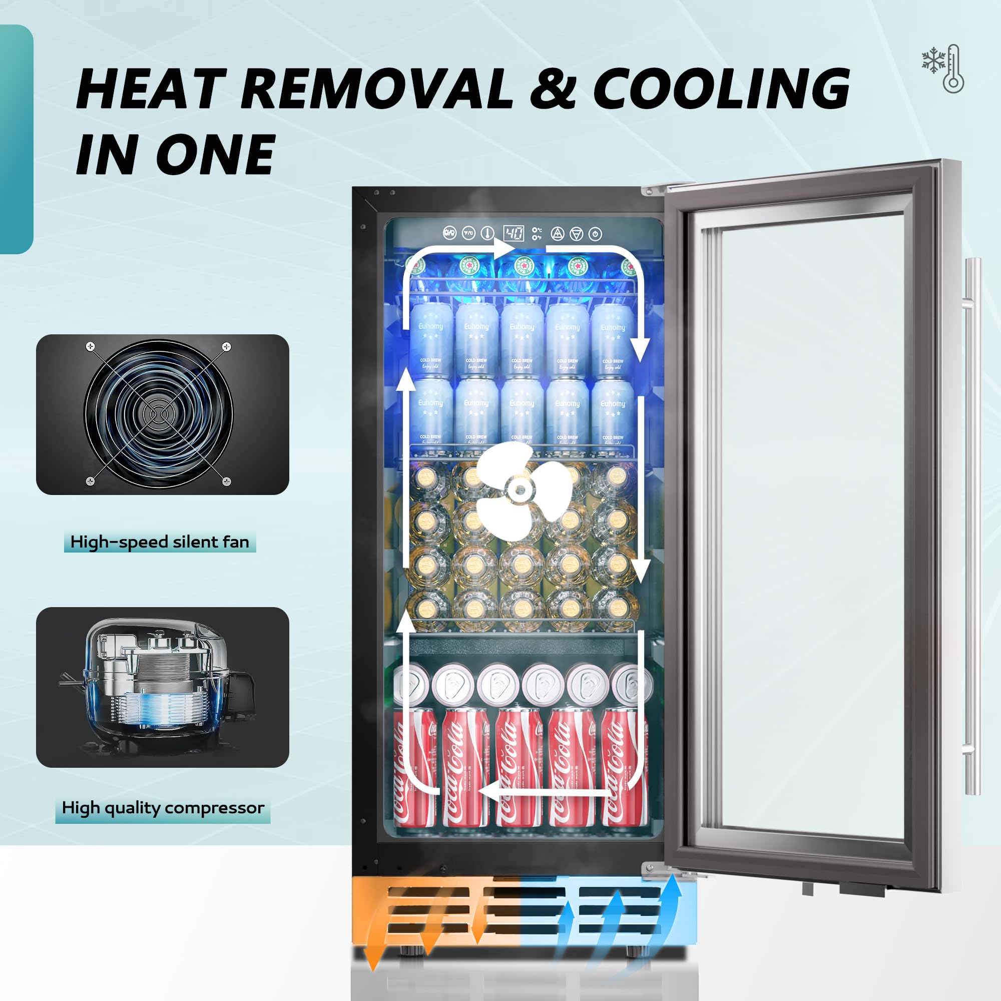 Euhomy 15 Inch Beverage Refrigerator Cooler Under Counter 127 Cans Beverage Fridge Built-In Or Freestanding With Glass Door, LED Light, Beer Fridge For Soda, Water, Wine - Home Kitchen Bar. on Fridge.com - View 3