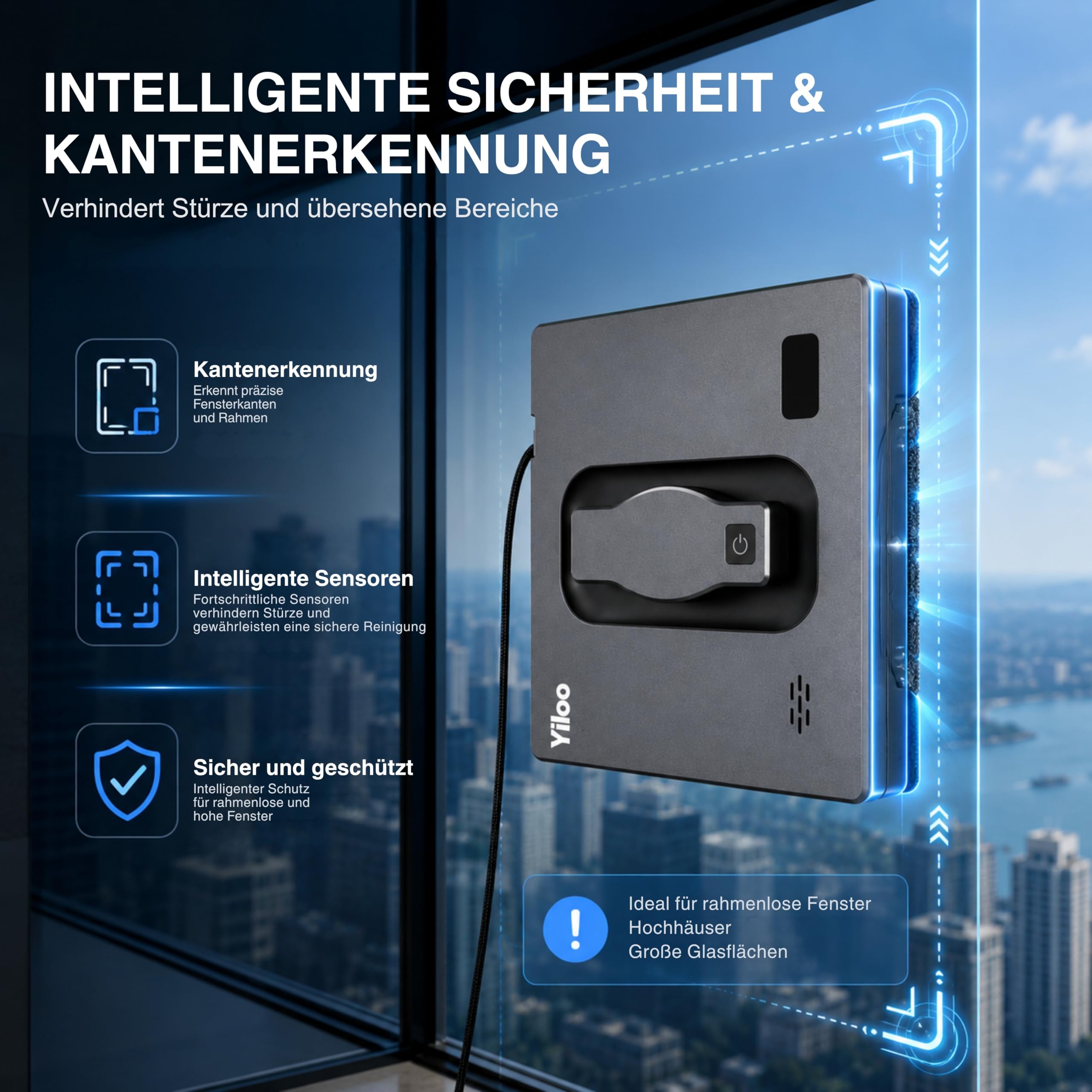 Smart Fensterputzroboter mit 4-fach Sprühsystem, Starker Saugleistung & Intelligenter Navigation – App- & Fernbedienung, Automatische Randerkennung, Integrierter Wassertank & Sicherheitsseil