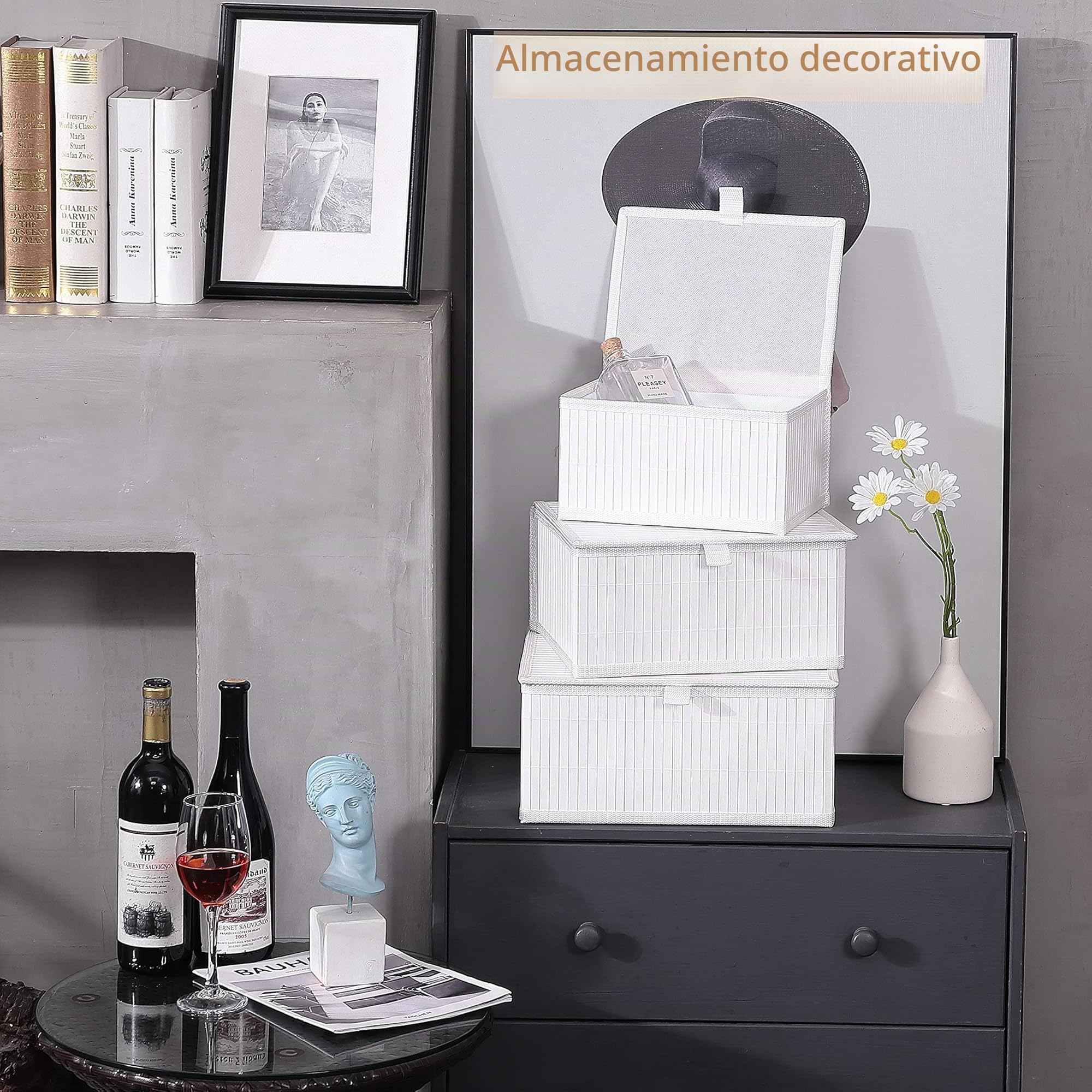 Honygebia Bambú Caja Almacenaje con Tapa - Set de 3 Cestos de Mimbre Decorativas con Forro, Almacenamiento Blanco para el Hogar, Organizadoras de Estantes de Cocina y Baño (Grande/Mediana/Pequeña)