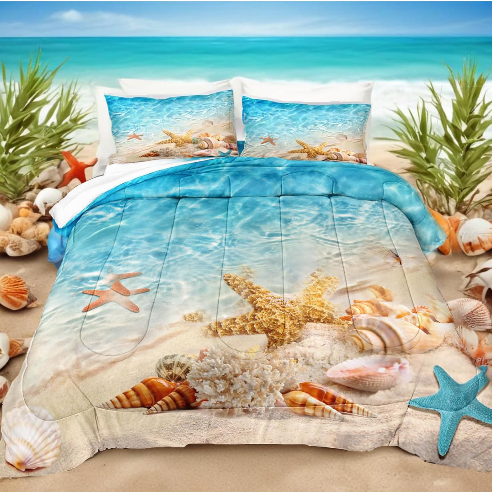 Set di biancheria da letto estivo con motivo conchiglie da spiaggia | Set di biancheria da letto con stampa di conchiglie marine | con morbido piumone + 2 federe (3 pezzi) o lenzuolo (4 pezzi) (C