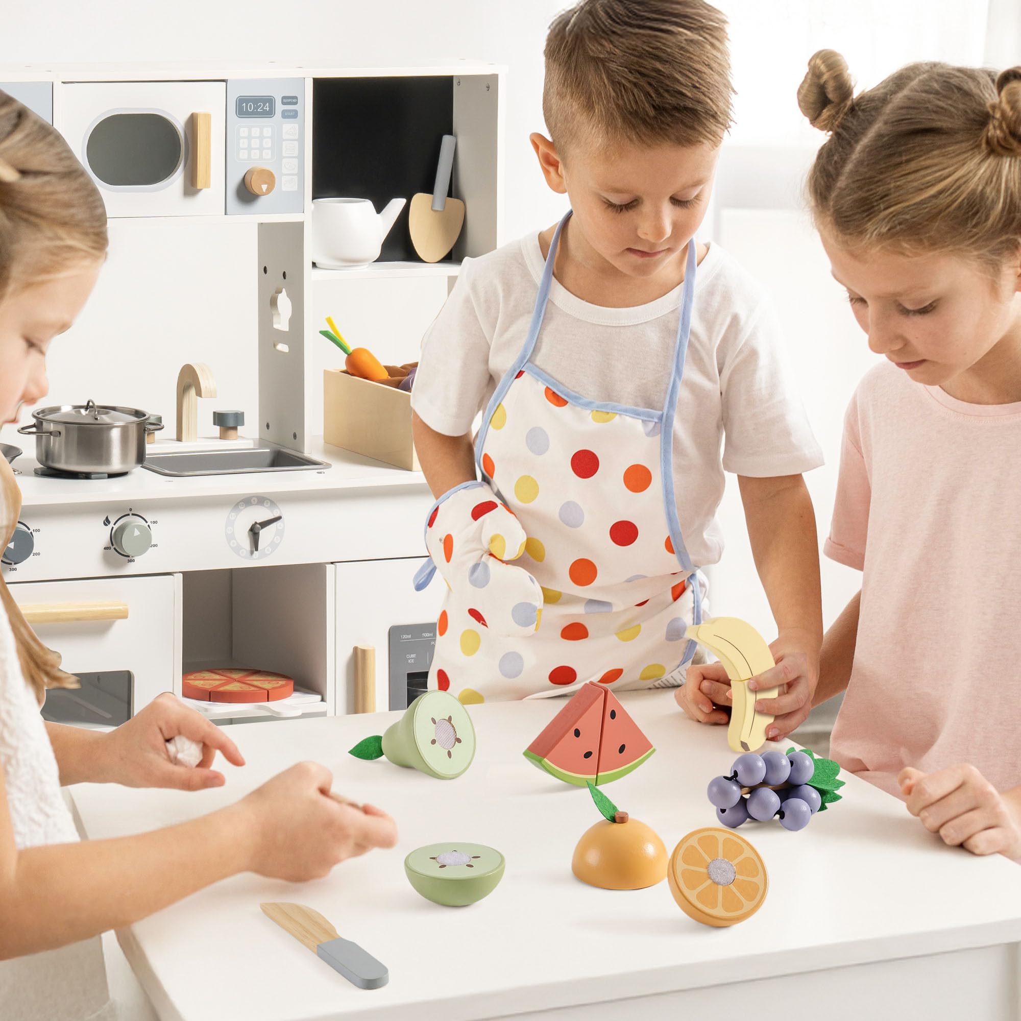 ROBUD Accessori per la cucina dei bambini in legno per giocattoli, alimenti per giochi di ruolo, cucine da gioco con custodia, regali per bambini a partire dai 3 anni in su, set di frutta
