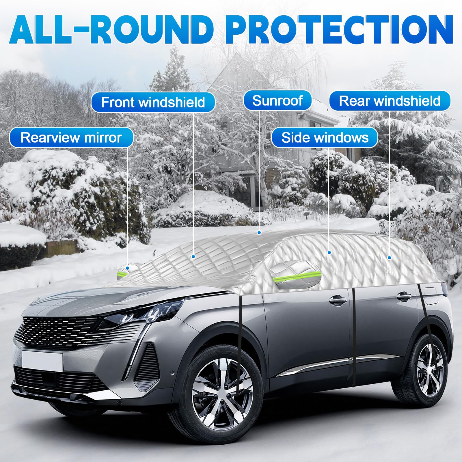 Funda de Coche Exterior Compatible con Peugeot 5008 T87 P87 2009-2025, 6 Capas Media Funda Coche con Ganchos, Tira Reflectante y Tapones para Orejas para Protección contra Hielo y Nieve