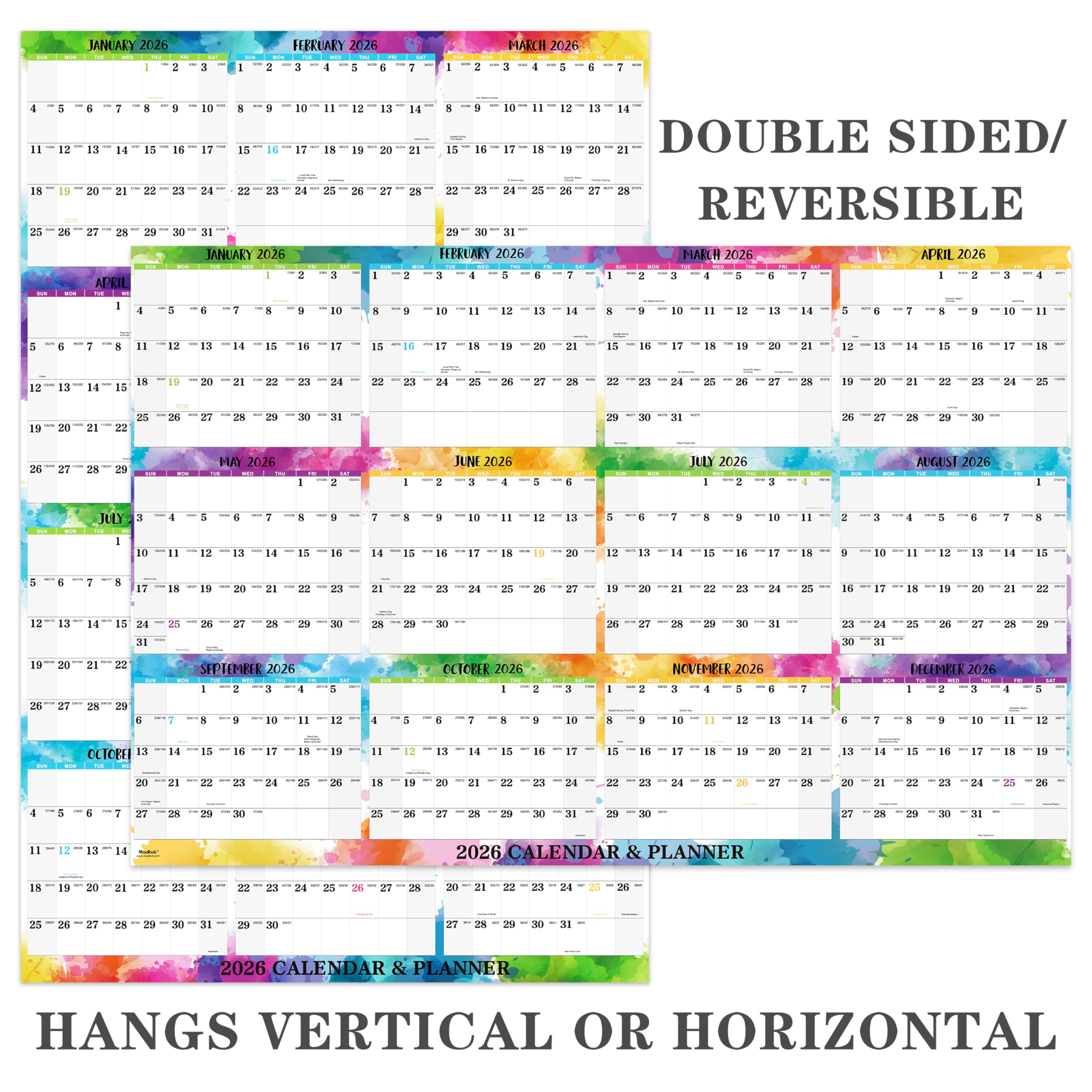 2026 Erasable Wall Calendar - Dry Erase Calendar 2026 from JAN 2026 - DEC 2026, 2-Sided Horizontal/Vertical Reversible, 34.7" x 22.9" (Open), Colorful