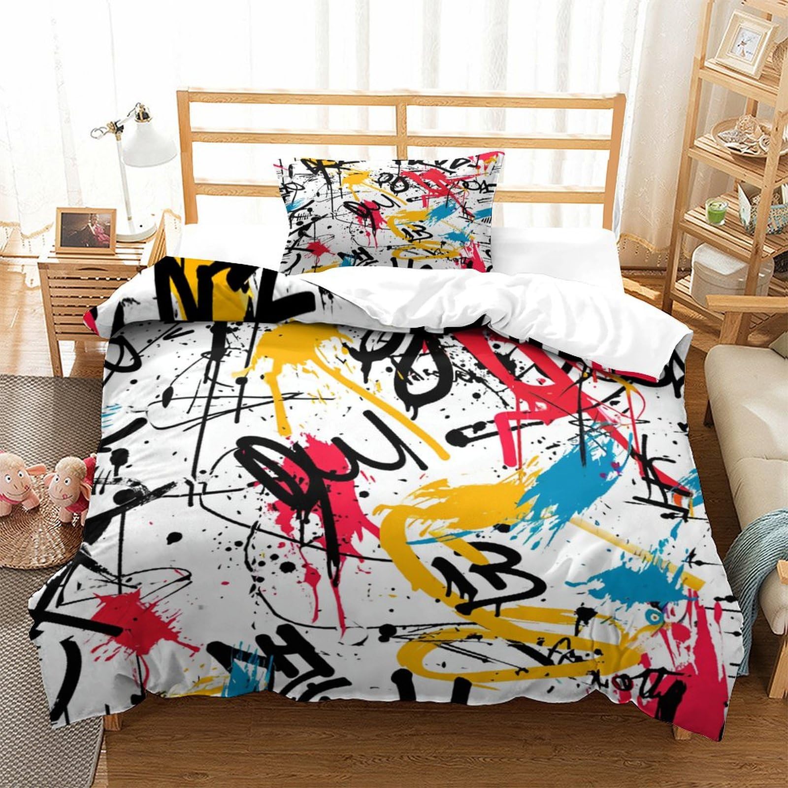 ENYISIYULO Bedding Set Graffiti 3D Print Duvet Quilt Cover Artistic Graffiti Soft Microfiber Quilt Cover Decor with Pillowcase For Boys Girls Women Men Single（135x200cm）