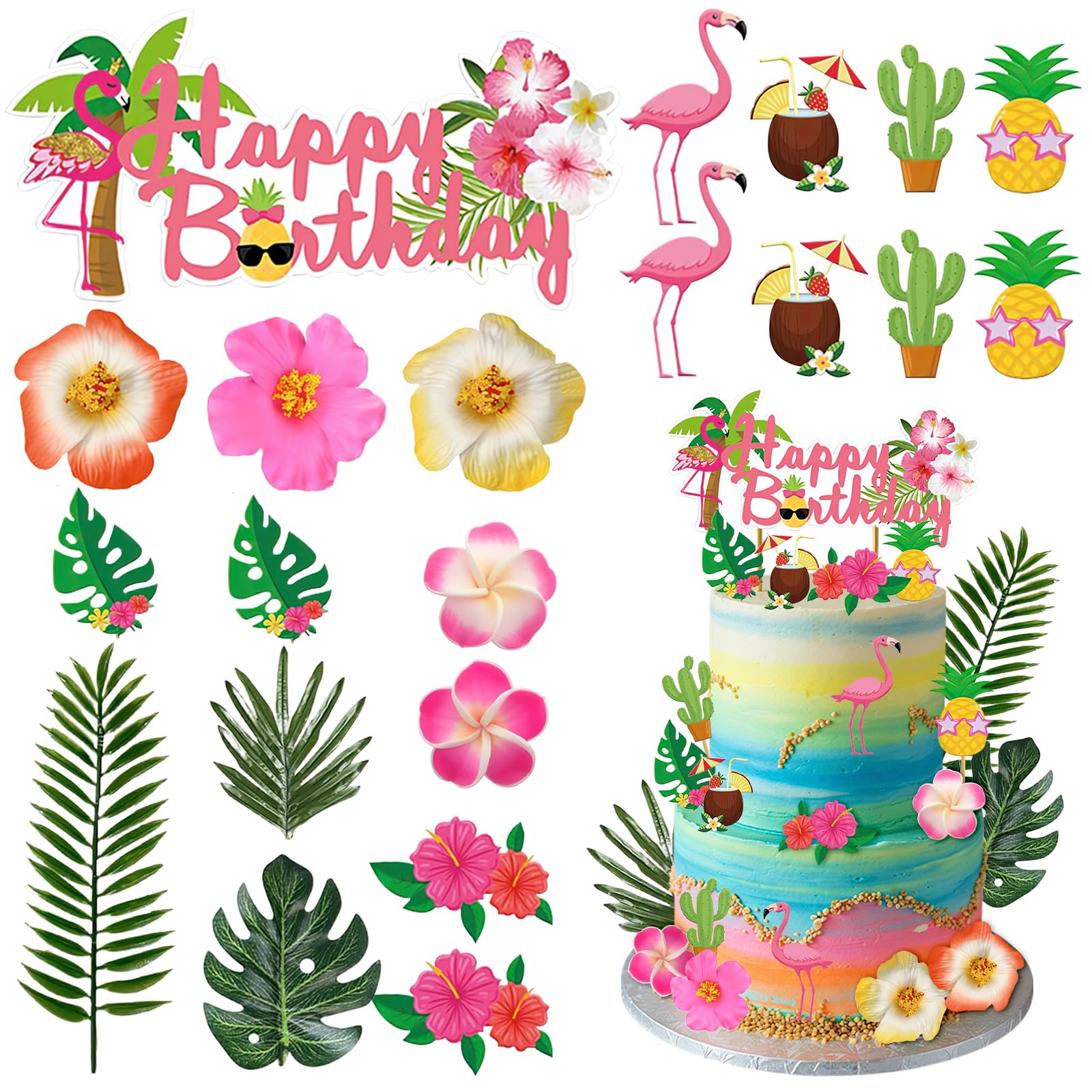 Hawaiano Cake Topper, Topper Tartas Hawaiana, Decoración de Pastel Tropical, Decoracion Tartas Cumpleaños, con Flamencos, Flores, Palmeras, para Cumpleaños, Playa de Verano, Hawaianas