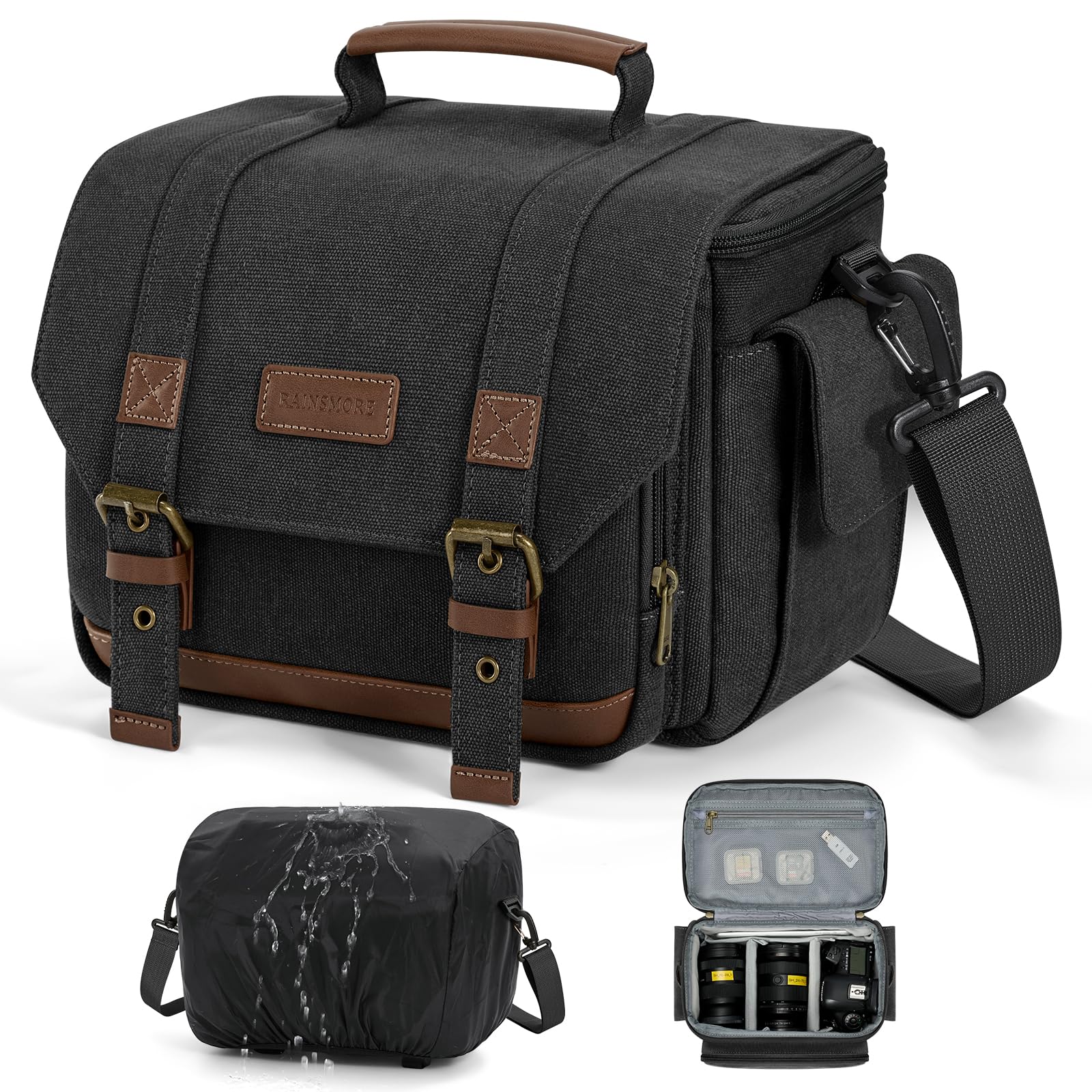 RAINSMORE Sac pour Appareil Photo Bandoulière Vintage en Toile Imperméable, Sacoche pour Appareil Photo Reflex et Hybride avec Housse de Pluie, Support Trépied et Fermetures SBS
