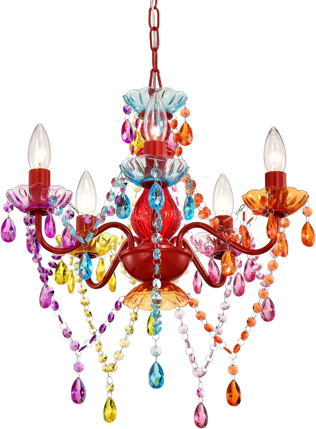 Colorful Chandelier for Bedroom Small 5-Light Acrylic Crystal Ceiling Light Fixture for Girls Bedroom, Pink Nursery Chandelier Lighting for Closet, Bathroom, Playroom, Entryway