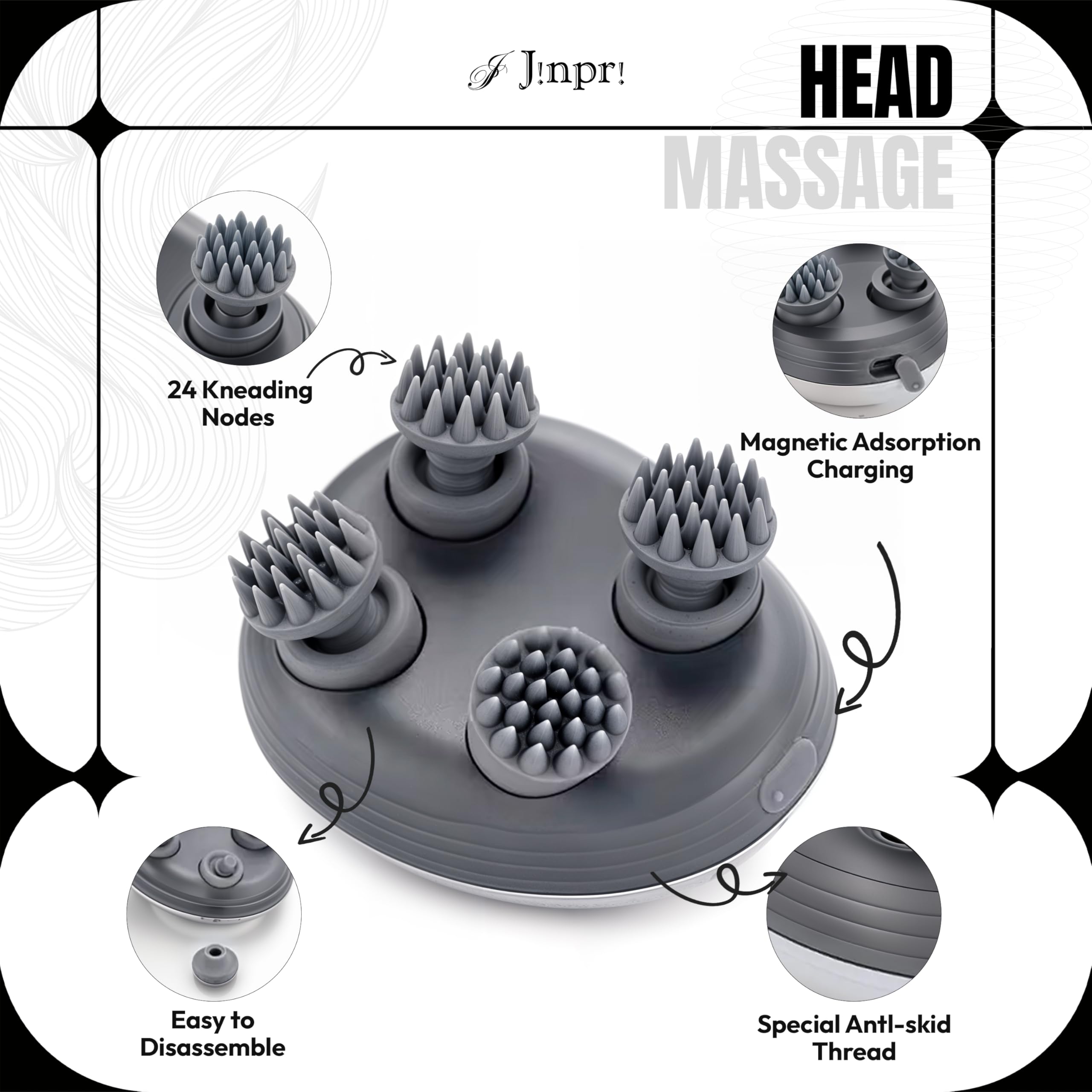 JINPRI Electric Head & Scalp Massager | Handheld Rechargeable Massager with 3 Speed Settings | Portable Stress Relief Device (Automatic), Transparent 1