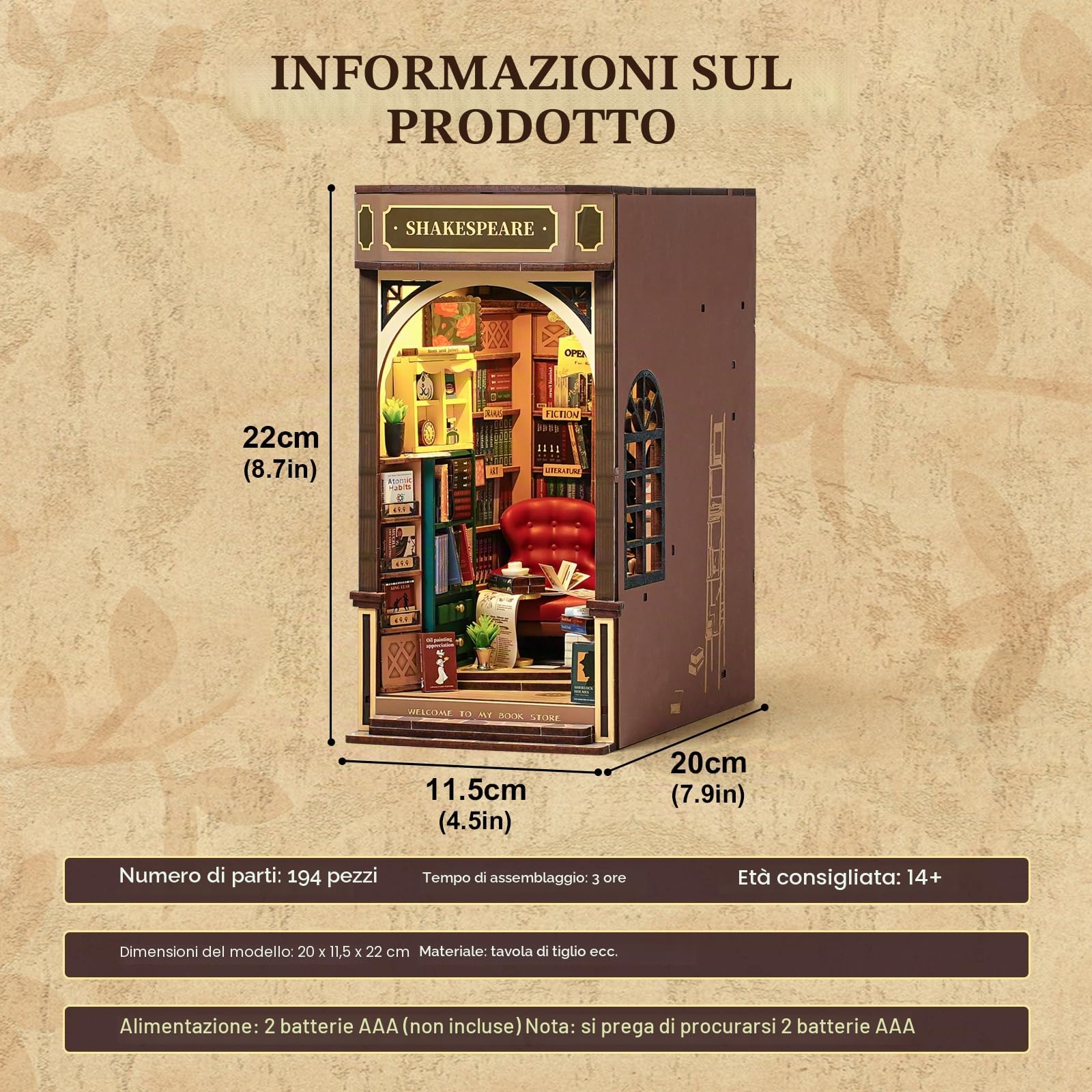 ROBOTIME Book Nook Kit Casa Delle Bambole Booknook in Legno con Luci LED, Miniatura Fai Da Te Modello di Casa Puzzle 3D, Decorazione Scaffale Regalo Di Vacanza (Libreria Shakespeariana)