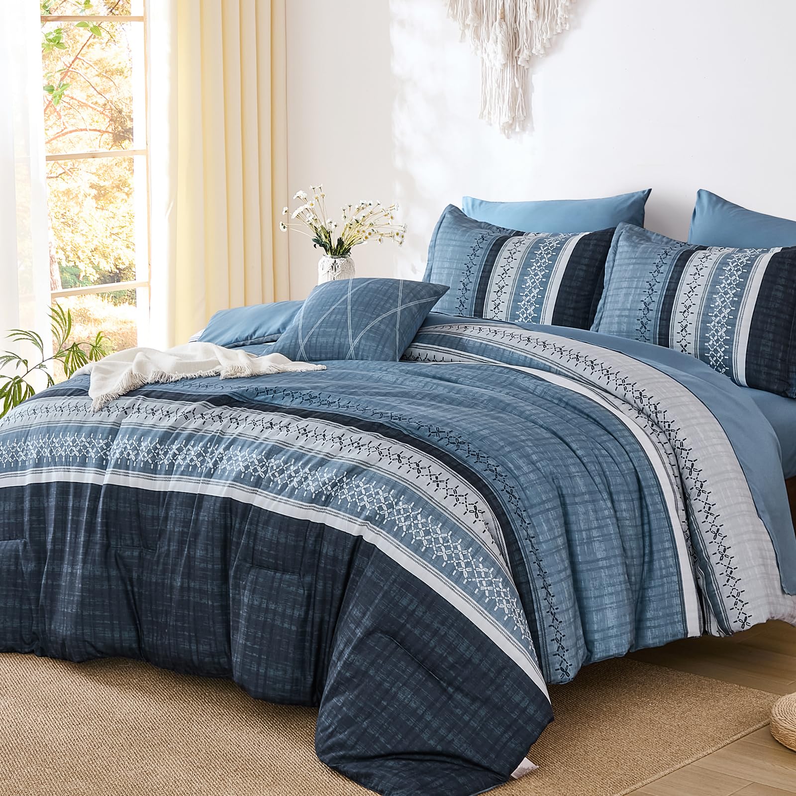 Navy Blue Queen Comforter Size Set, 8 Pieces Striped Texture Bed in a Bag Bedding Sets, Lightweight Soft Comforter and Sheet Set, All Season Microfiber Teen Boys Bedding Sets for Men Women