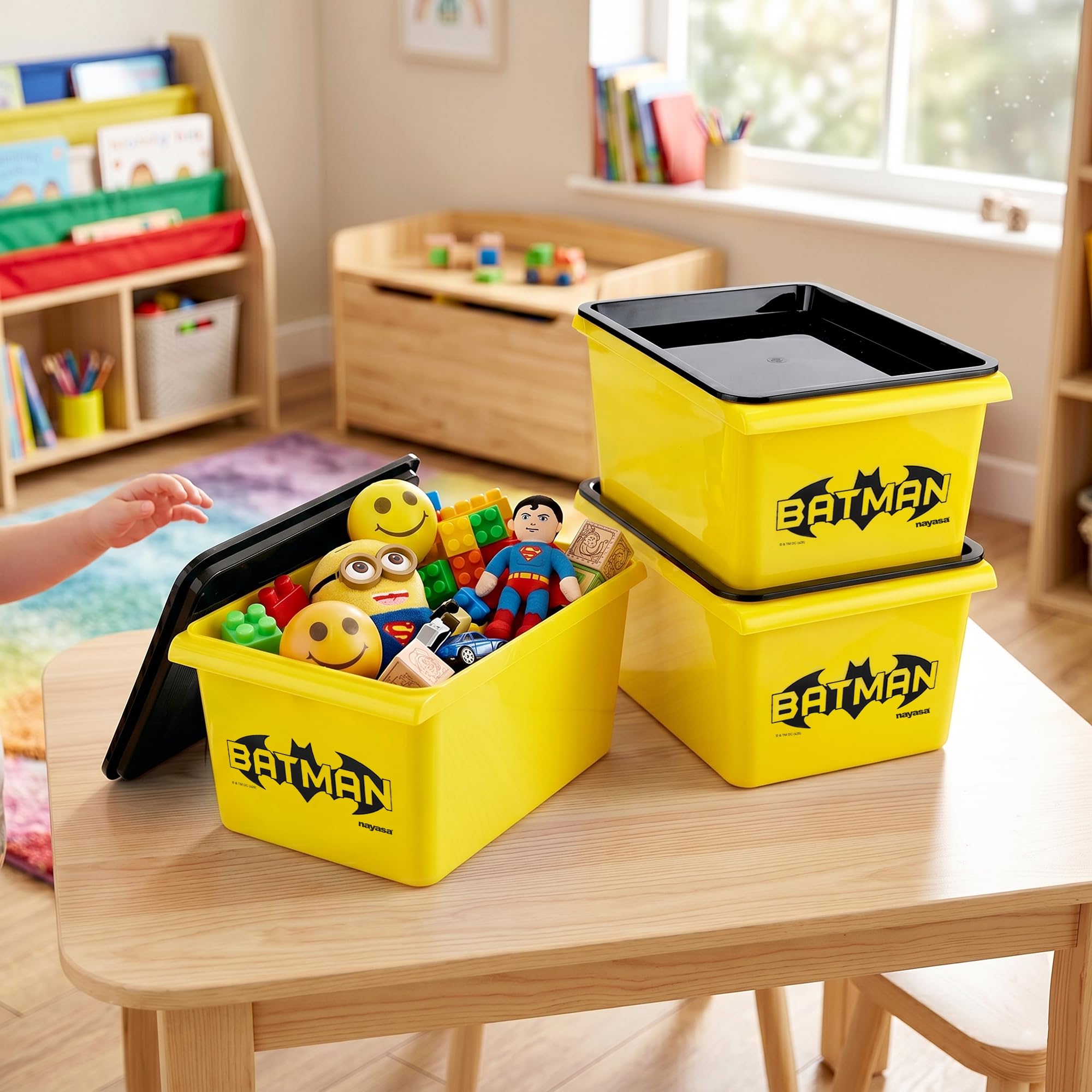 Nayasa Stack N Store Batman, Small, 5 ltrs | DC Superhero Print Plastic Storage Boxes Set of 3 with Lid | Side Handles |