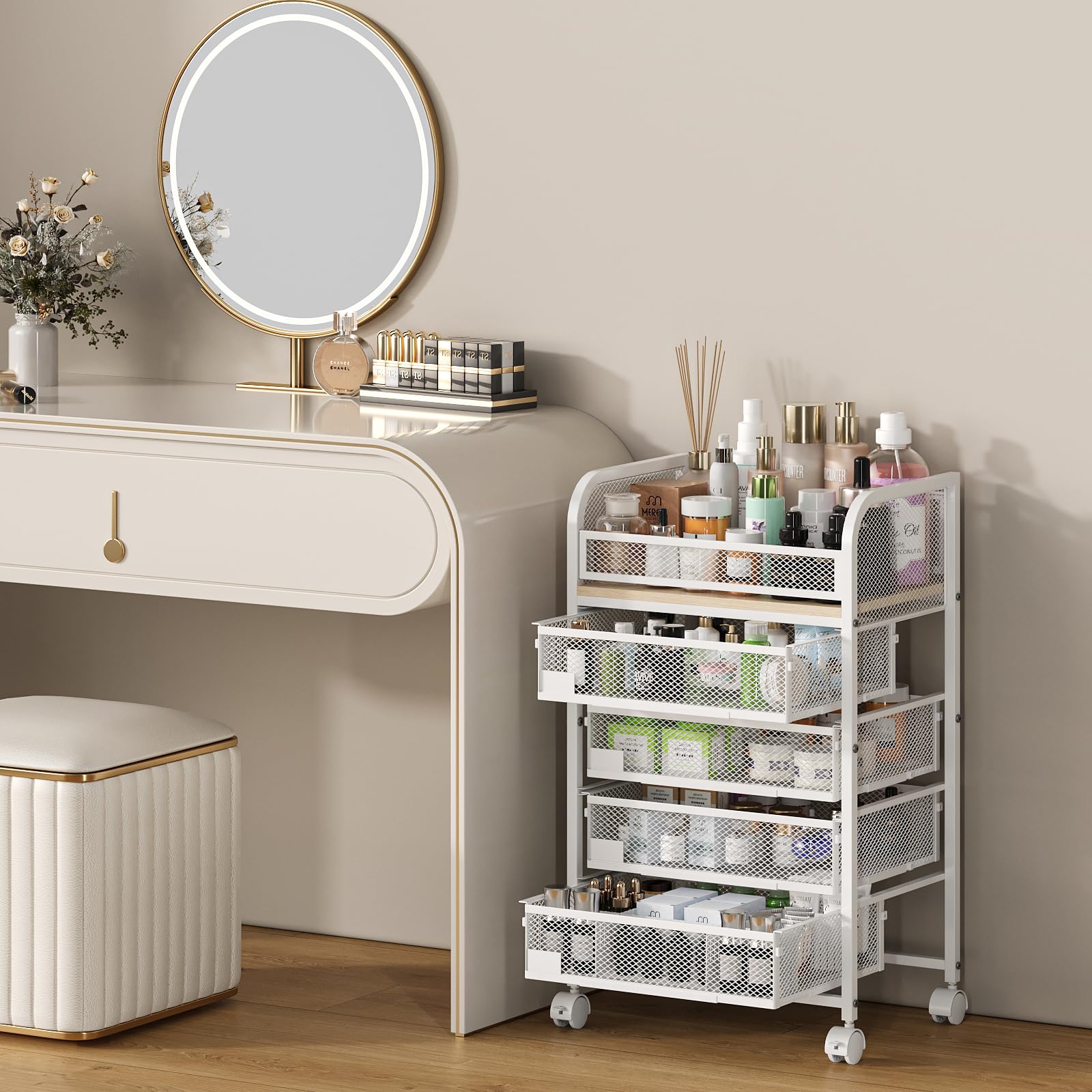 MODCART Makeup Organizer with 4 Drawers, Skincare Storage, Floor Skincare Organizers with Wheels Nameplates,Vanity Cosmetic Holder for Perfume, Nail Polish, Brushes, White