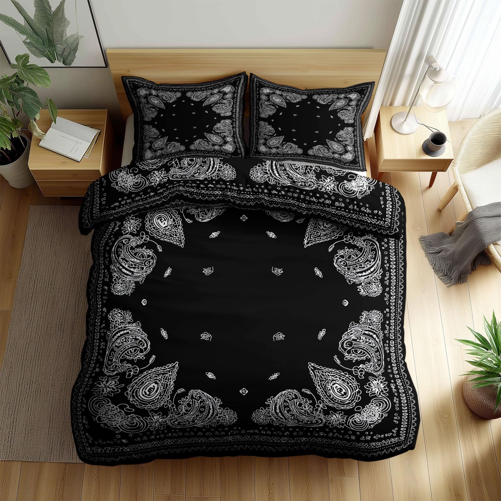 Schwarz Bettwäsche-Sets 155 x 220 cm, Paisley-Bordüre Wendebettwäsche Weiche Mikrofaser Allergiker 3 Teilig Bettbezug mit Reißverschluss, Bügelfrei Deckenbezug mit 2 Kissenbezüge 80x80 cm
