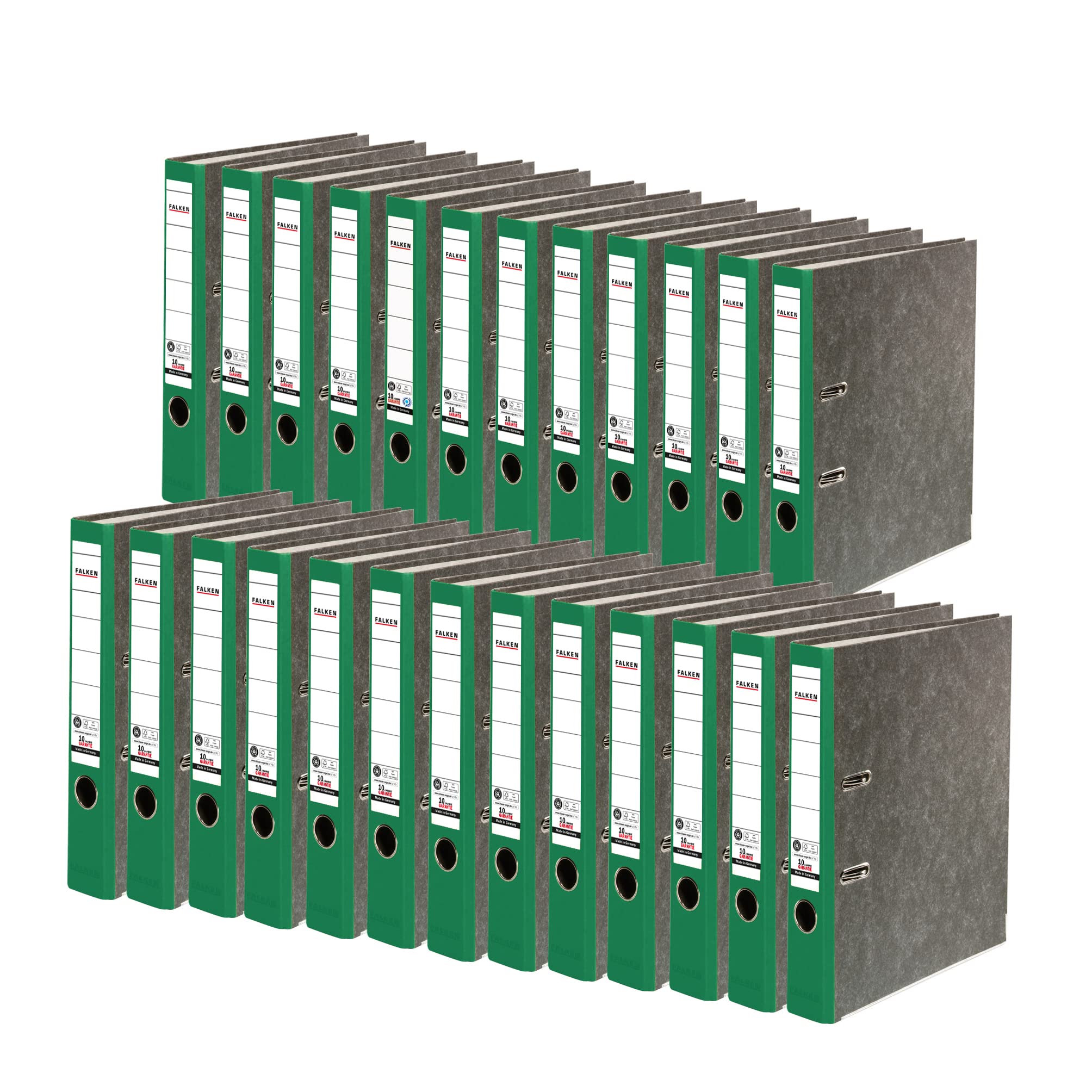 25x Falken Recycling segregator marmurkowy A4 wąski 8 cm zielony grzbiet. Wyprodukowano w Niemczech. Segregator biurowy Segregator dźwigniowy Segregator z mechanizmem Certyfikat Błękitny Anioł