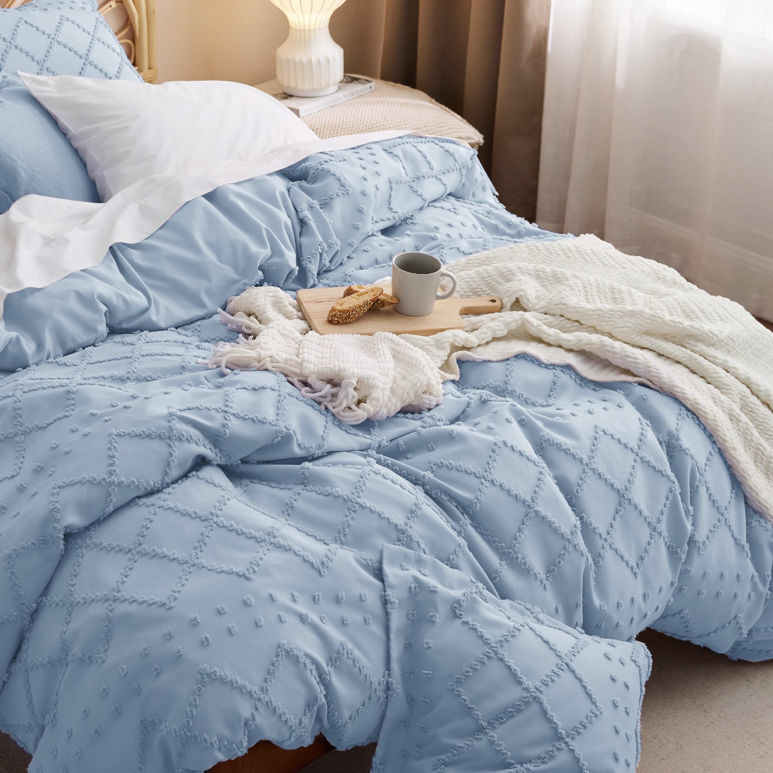 Bedsure Boho Duvet Cover Queen - Boho Bedding, Tufted Queen Duvet Cover for All Seasons, 3 Pieces Embroidery Shabby Chic Home Bedding Duvet Cover Set (Stone Blue, Queen, 90x90)